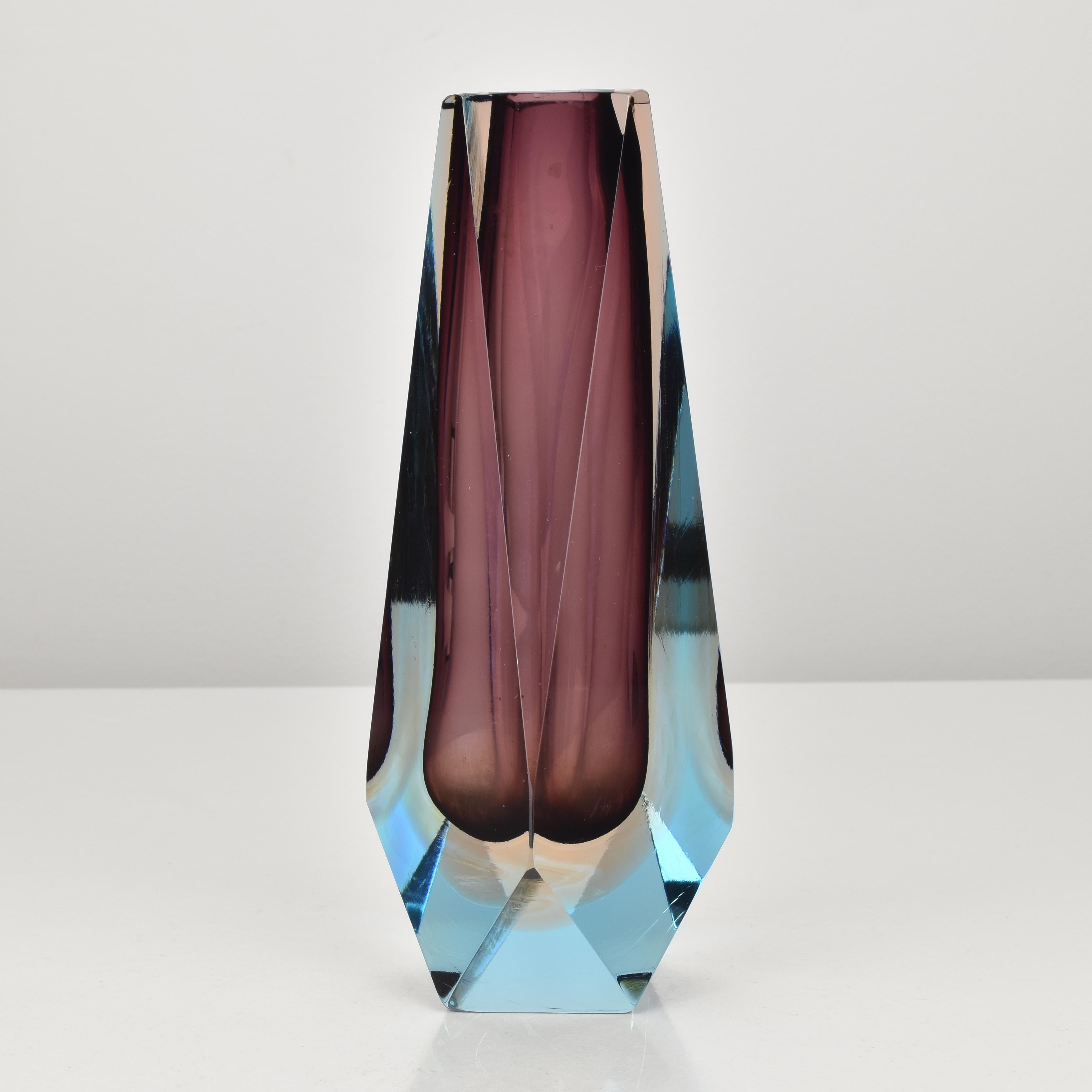 Striking Murano Sommerso block vase designed by Flavio Poli in the 1960s, showcasing the sophisticated colour layering for which he is celebrated. The piece features a rich amethyst core that transitions into warm amber tones, all encased in thick,