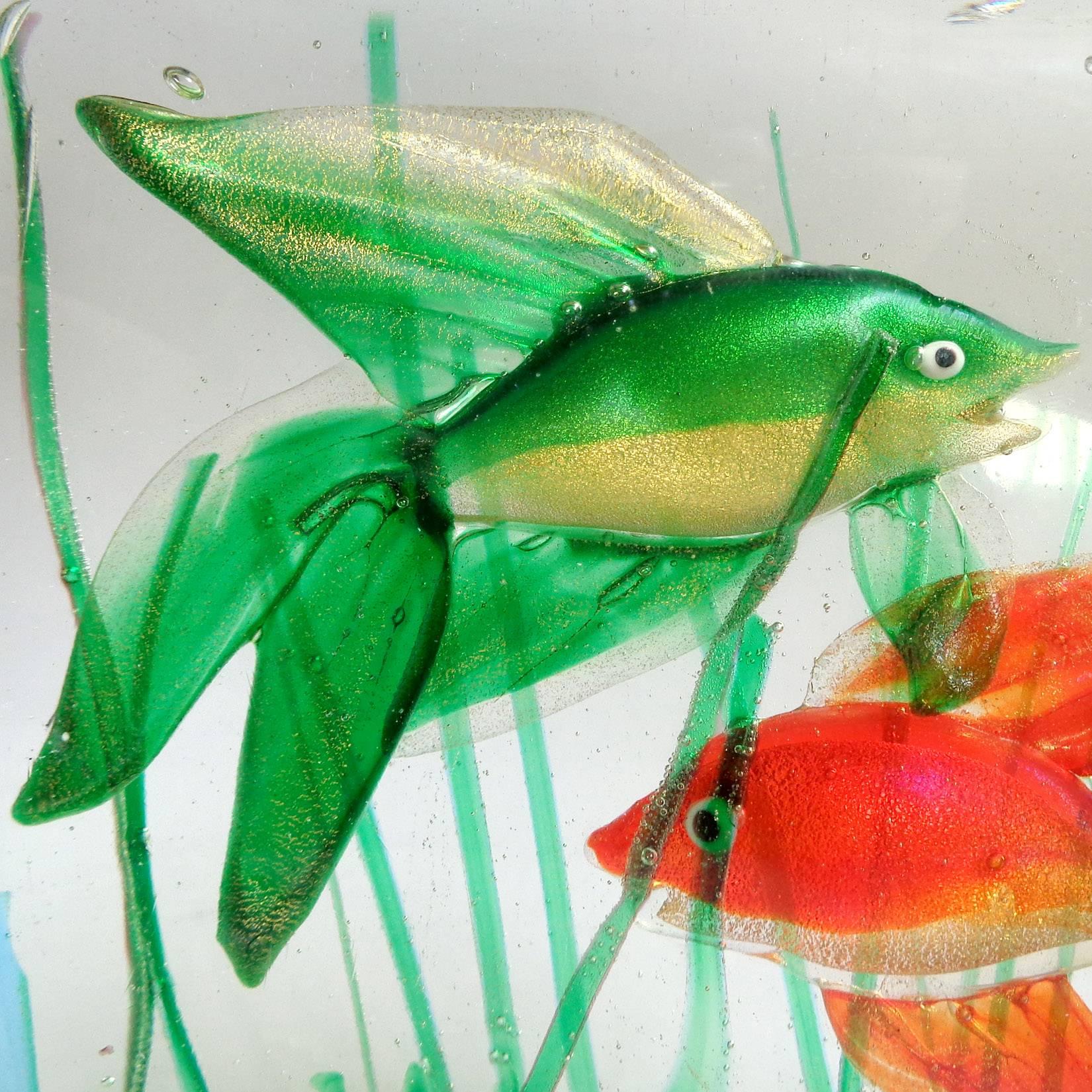 Mid-Century Modern Murano Fancy Red and Green Gold Fish Italian Art Glass Aquarium Sculpture