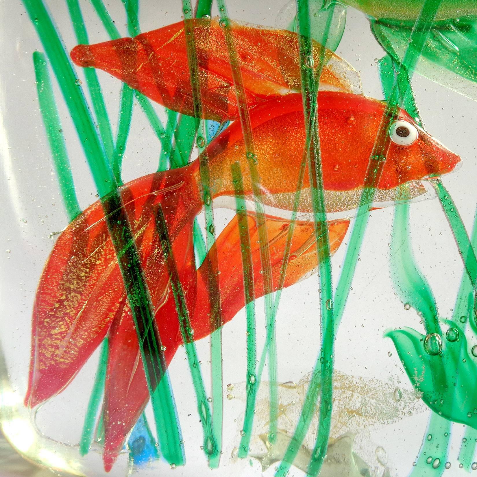 Hand-Crafted Murano Fancy Red and Green Gold Fish Italian Art Glass Aquarium Sculpture