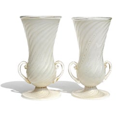 Murano Ferro Toso Barovier White Gold Flecks Italian Art Deco Glass Flower Vases