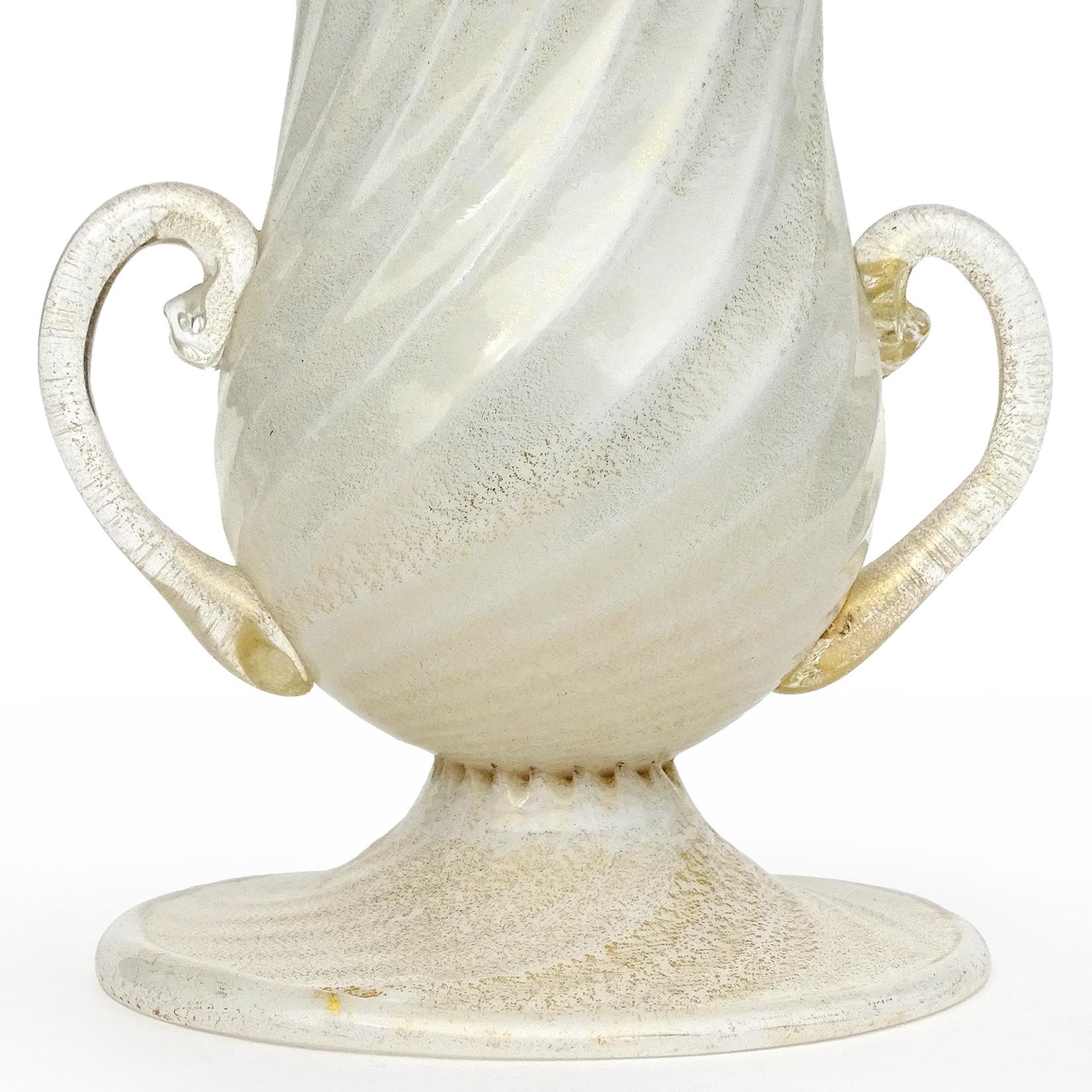 20th Century Murano Ferro Toso Barovier White Gold Flecks Italian Art Deco Glass Flower Vases For Sale