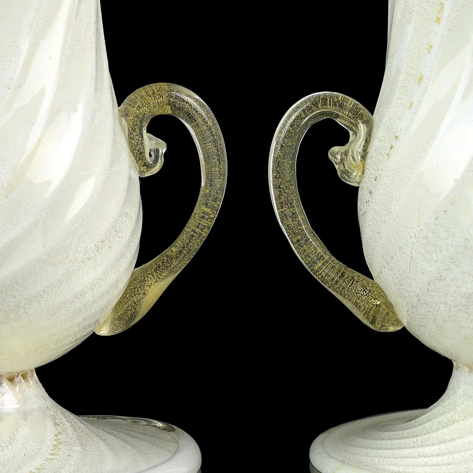 Murano Ferro Toso Barovier White Gold Flecks Italian Art Deco Glass Flower Vases For Sale 2