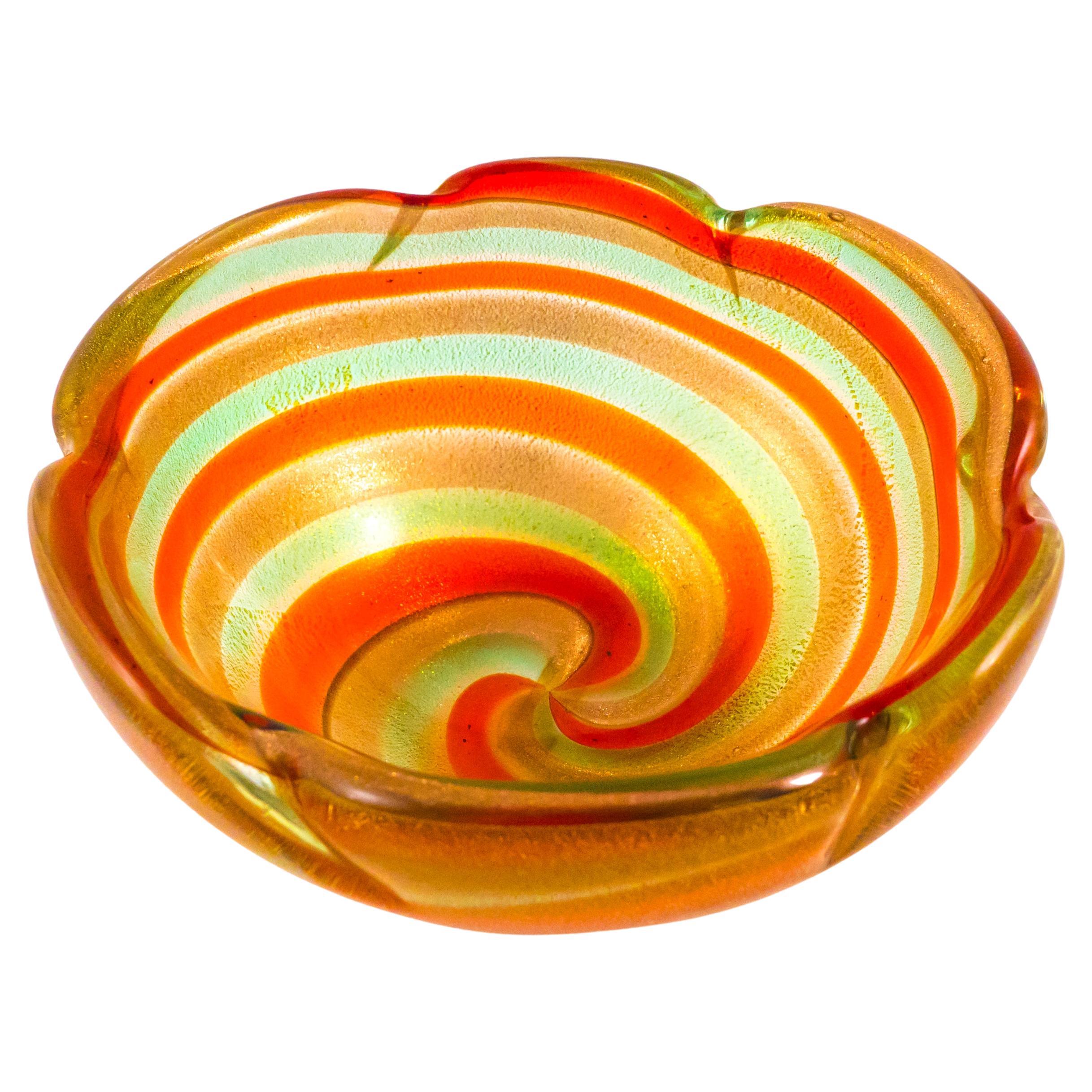 Murano Filigrana Bowl in Green, Orange, Gold Aventurine, Italy, 1950s