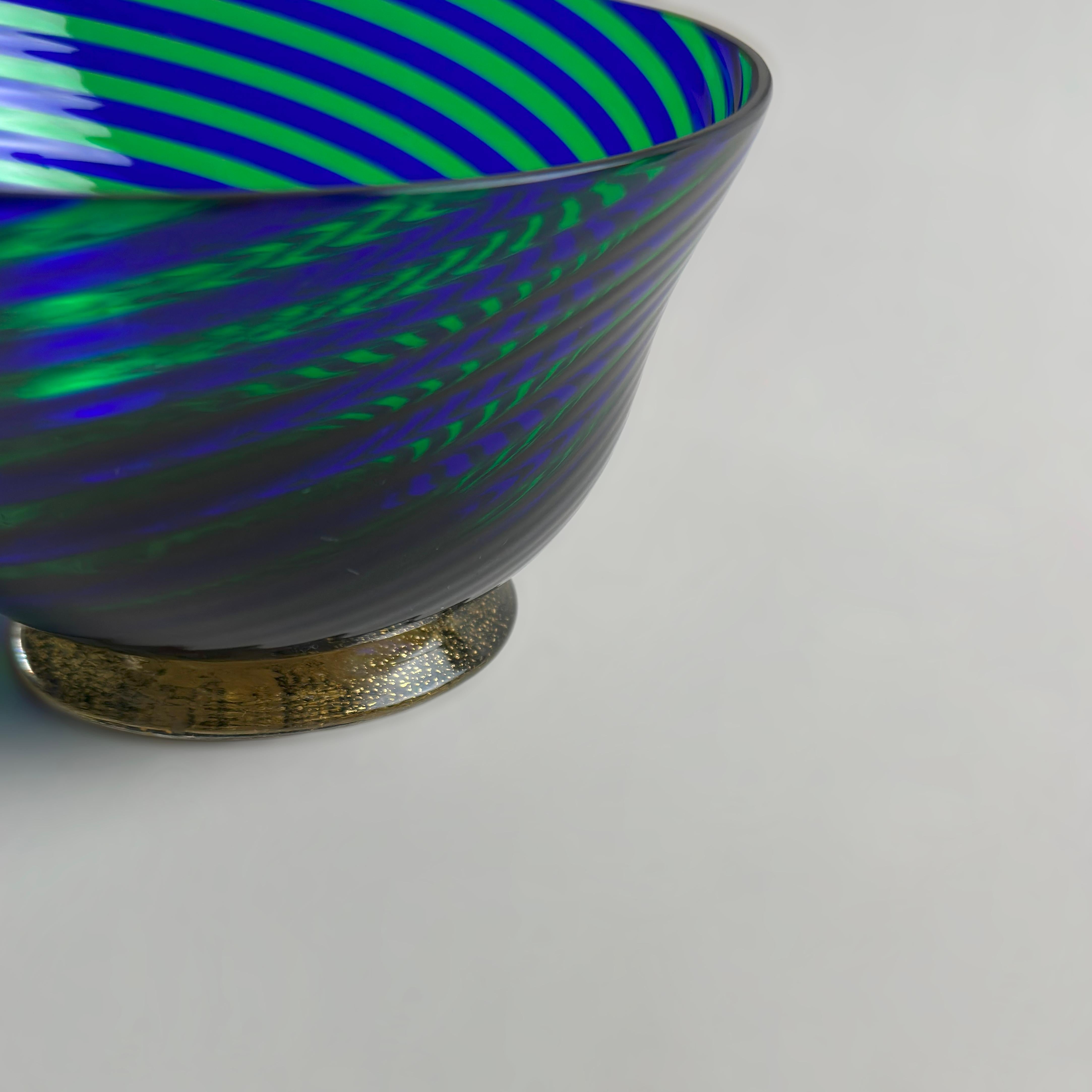 Cotto in fornace Ciotola in vetro di Murano Filigrana verde e blu con base dorata, Italia, circa anni '70 in vendita