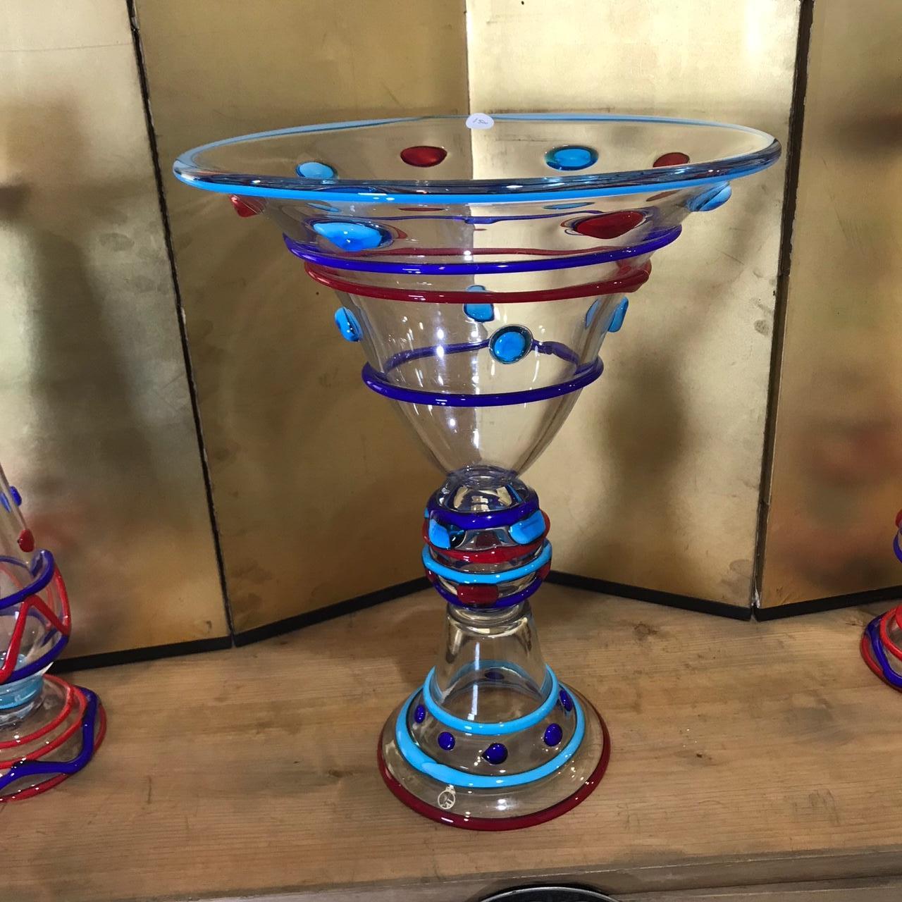 Murano Fine Old Handblown Brilliant Colors Trio Candlesticks Bowl Signed Master In Good Condition In South Burlington, VT