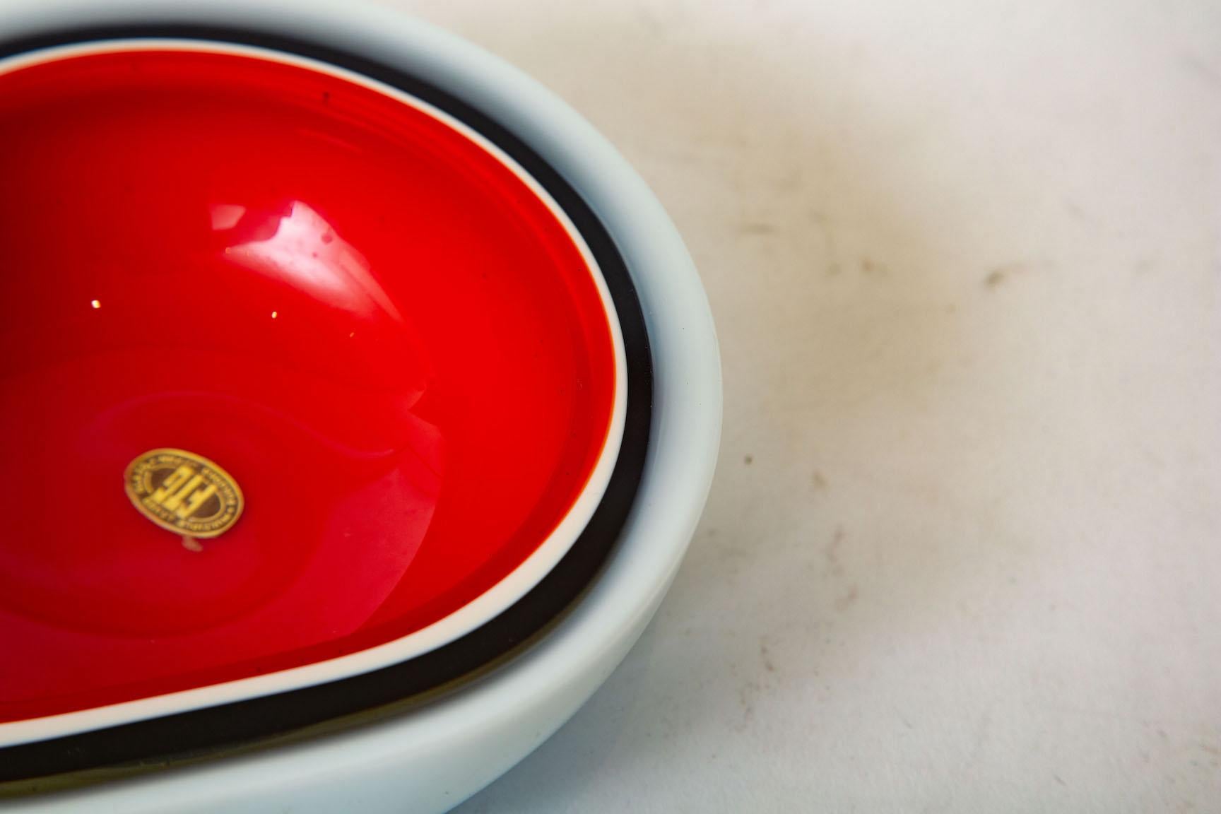 Italian Vintage Flavio Poli Murano Triple Cased White, Red, Black Glass Geode Bowl