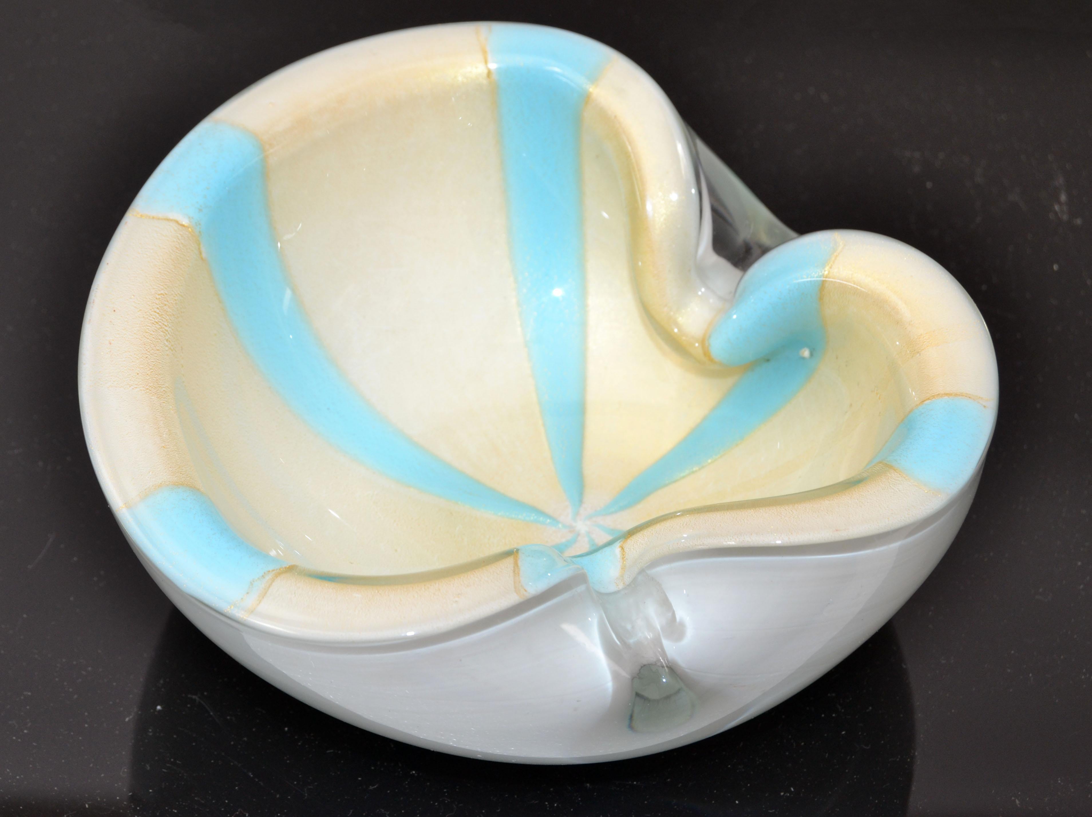 Murano Flavio Poli Triple Cased White, Turquoise & Gold Dust Glass Bowl, Italy For Sale 4