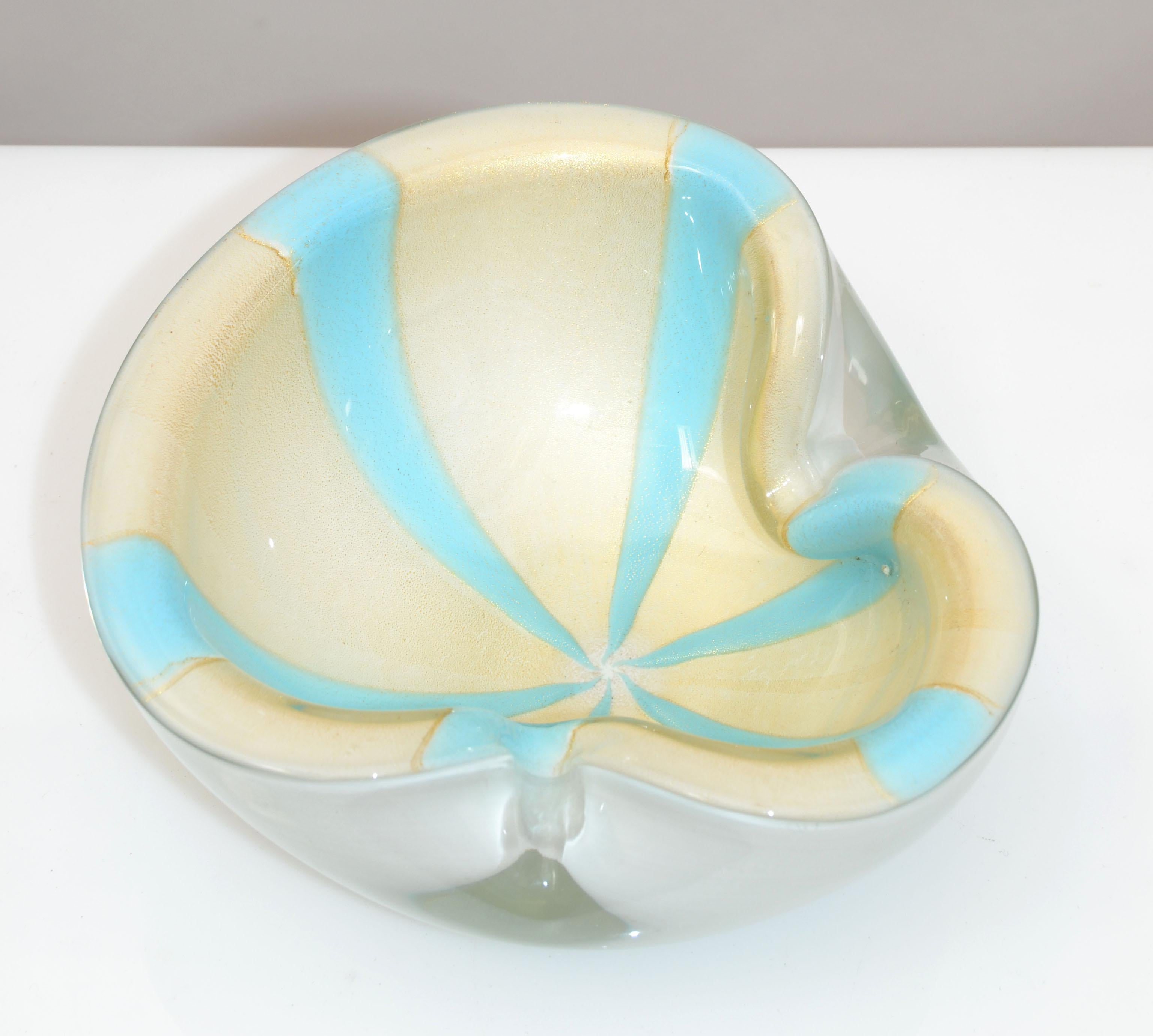 Murano Flavio Poli Triple Cased White, Turquoise & Gold Dust Glass Bowl, Italy For Sale 5