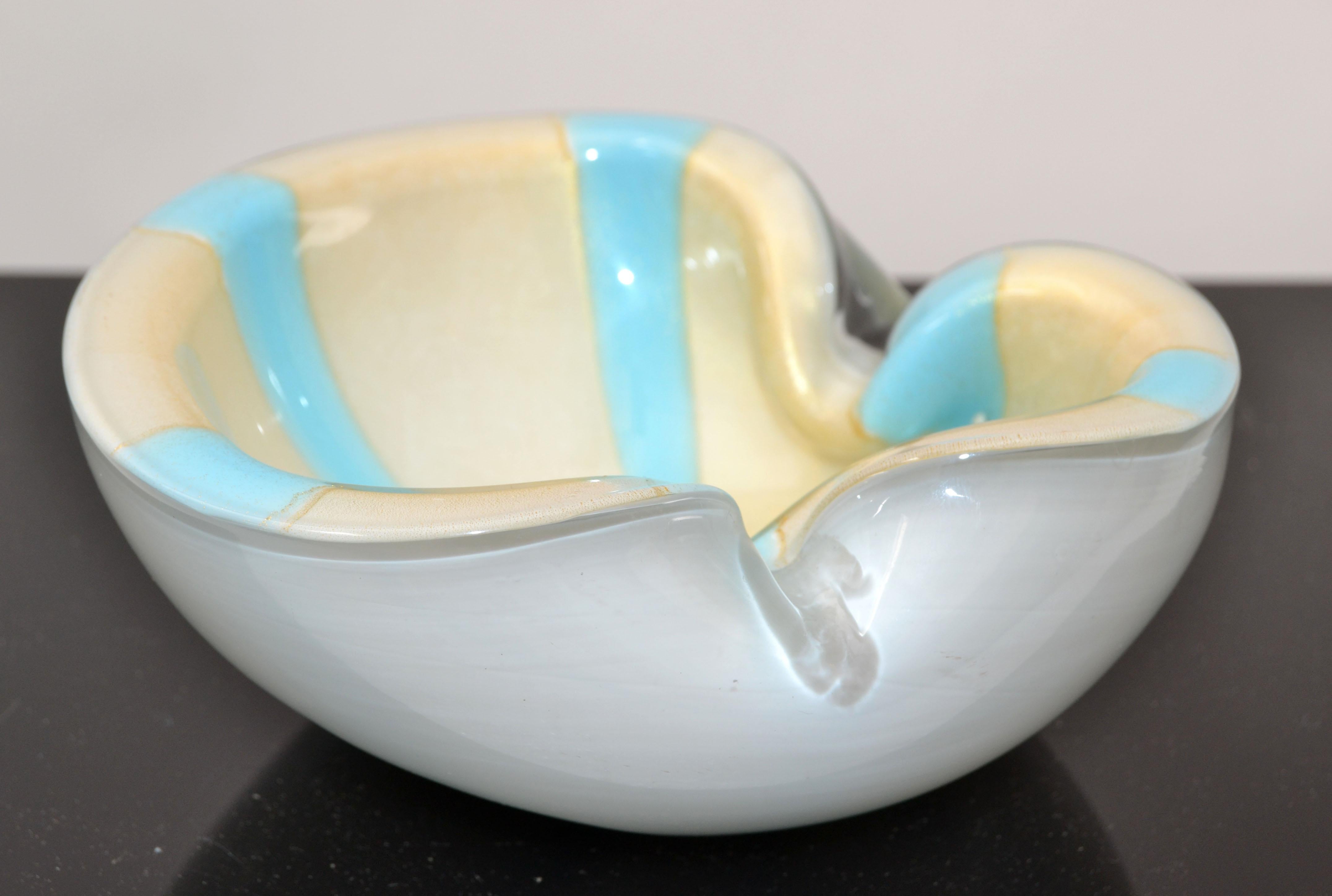 Murano Flavio Poli Triple Cased White, Turquoise & Gold Dust Glass Bowl, Italy For Sale 6