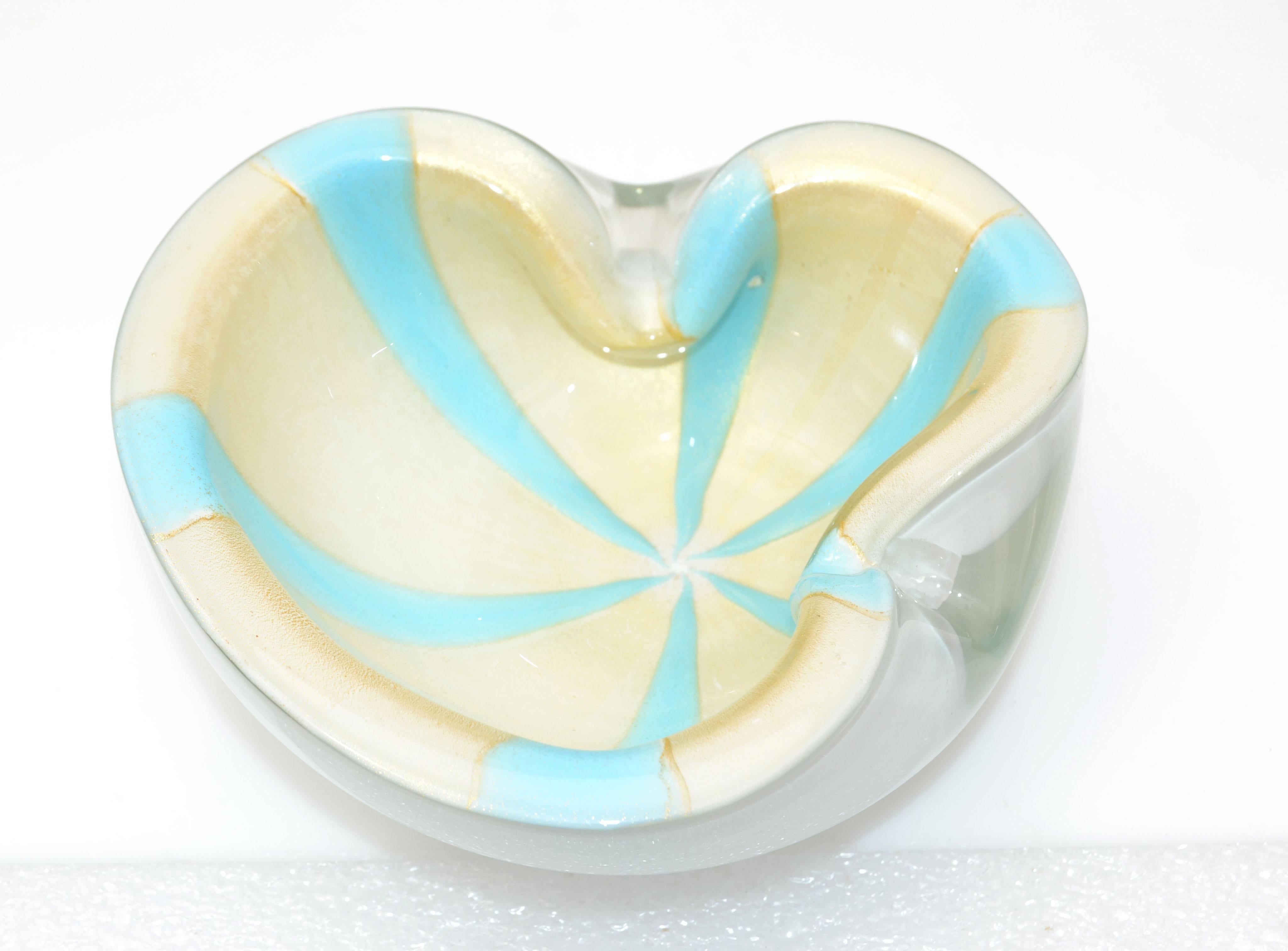Italian Mid-Century Modern Flavio Poli swirl triple cased white, turquoise & gold dust blown glass bowl, catchall or ashtray. 
Made in the 1960.
Simply beautiful.