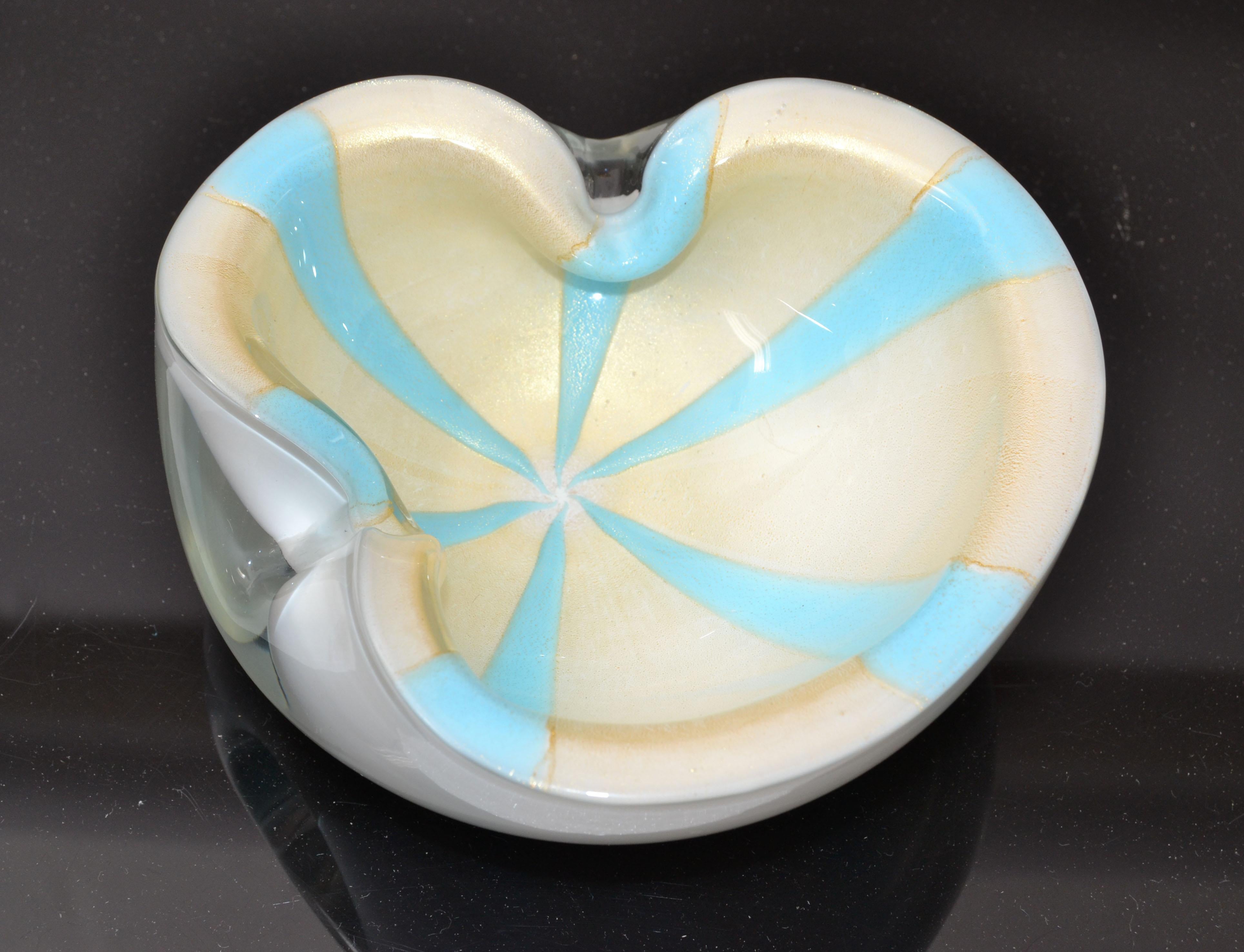 Mid-Century Modern Murano Flavio Poli Triple Cased White, Turquoise & Gold Dust Glass Bowl, Italy For Sale
