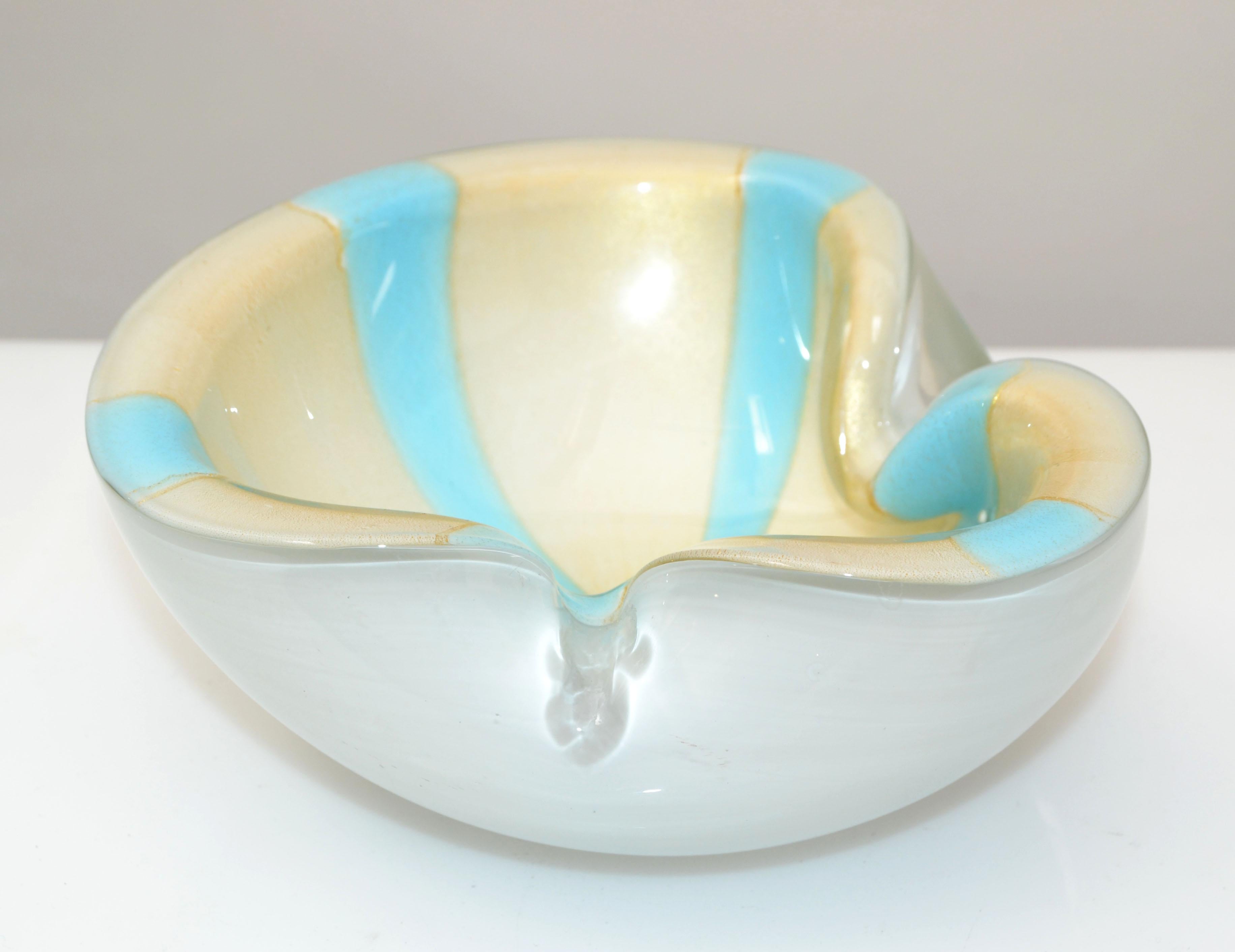Hand-Crafted Murano Flavio Poli Triple Cased White, Turquoise & Gold Dust Glass Bowl, Italy For Sale