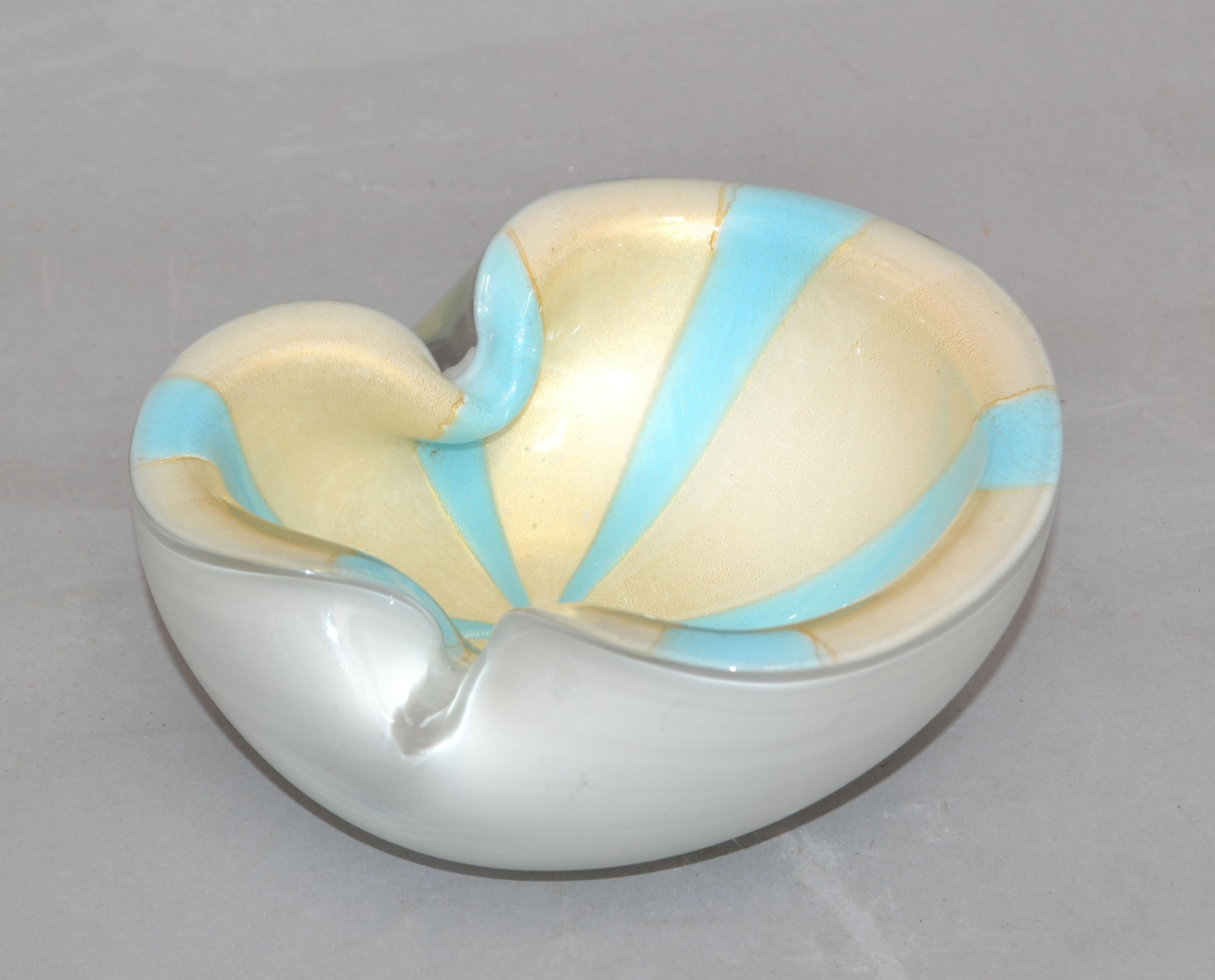 Murano Glass Murano Flavio Poli Triple Cased White, Turquoise & Gold Dust Glass Bowl, Italy For Sale