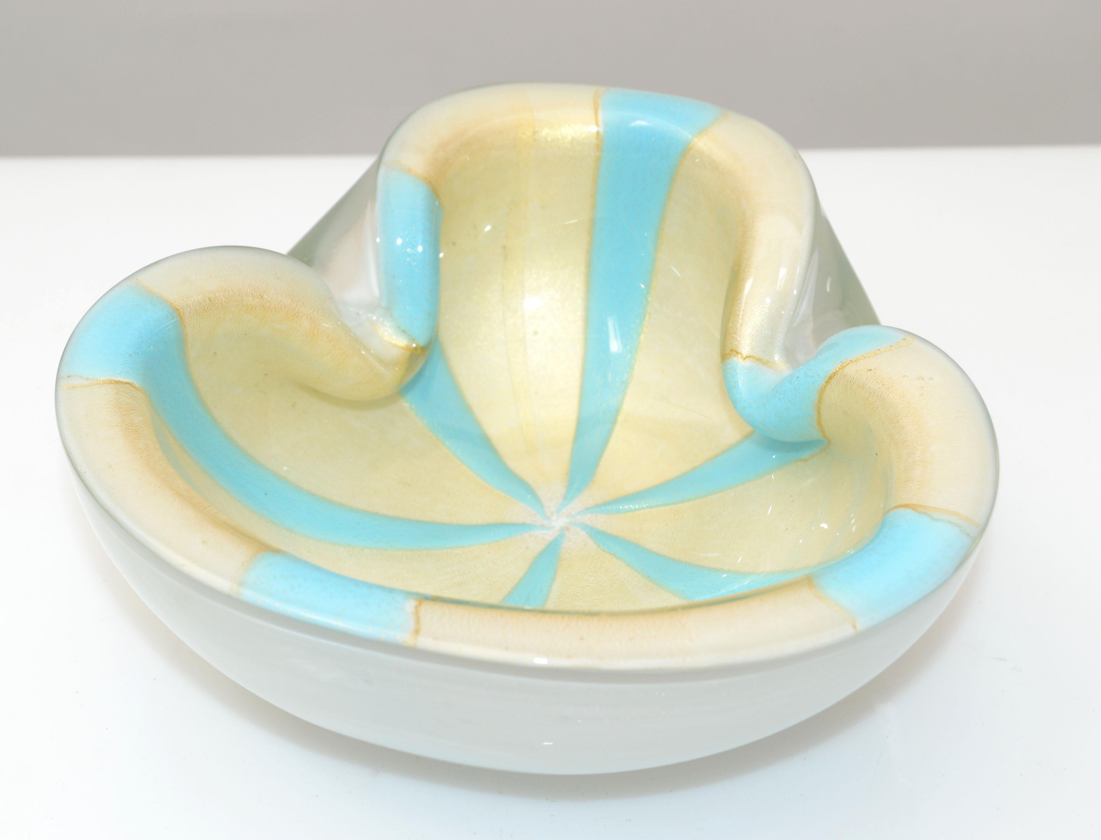 Murano Flavio Poli Triple Cased White, Turquoise & Gold Dust Glass Bowl, Italy For Sale 1