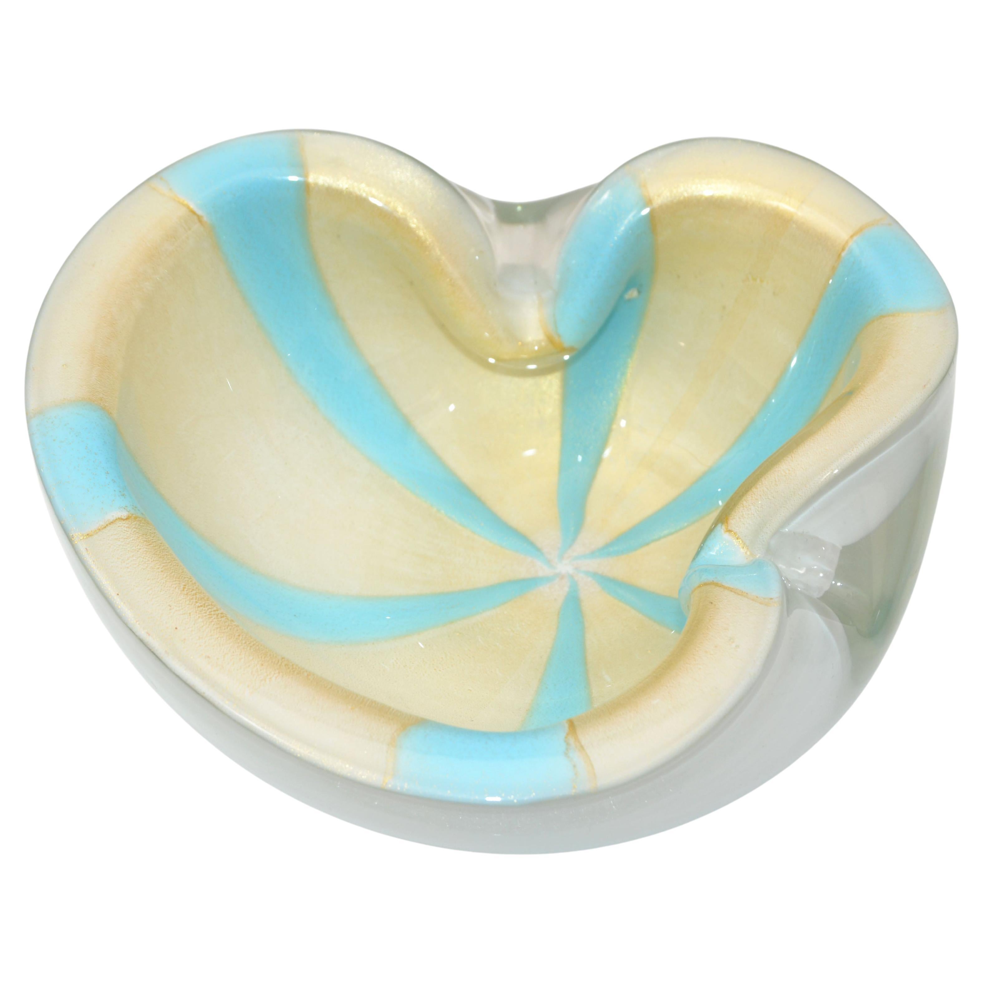 Murano Flavio Poli Triple Cased White, Turquoise & Gold Dust Glass Bowl, Italy For Sale