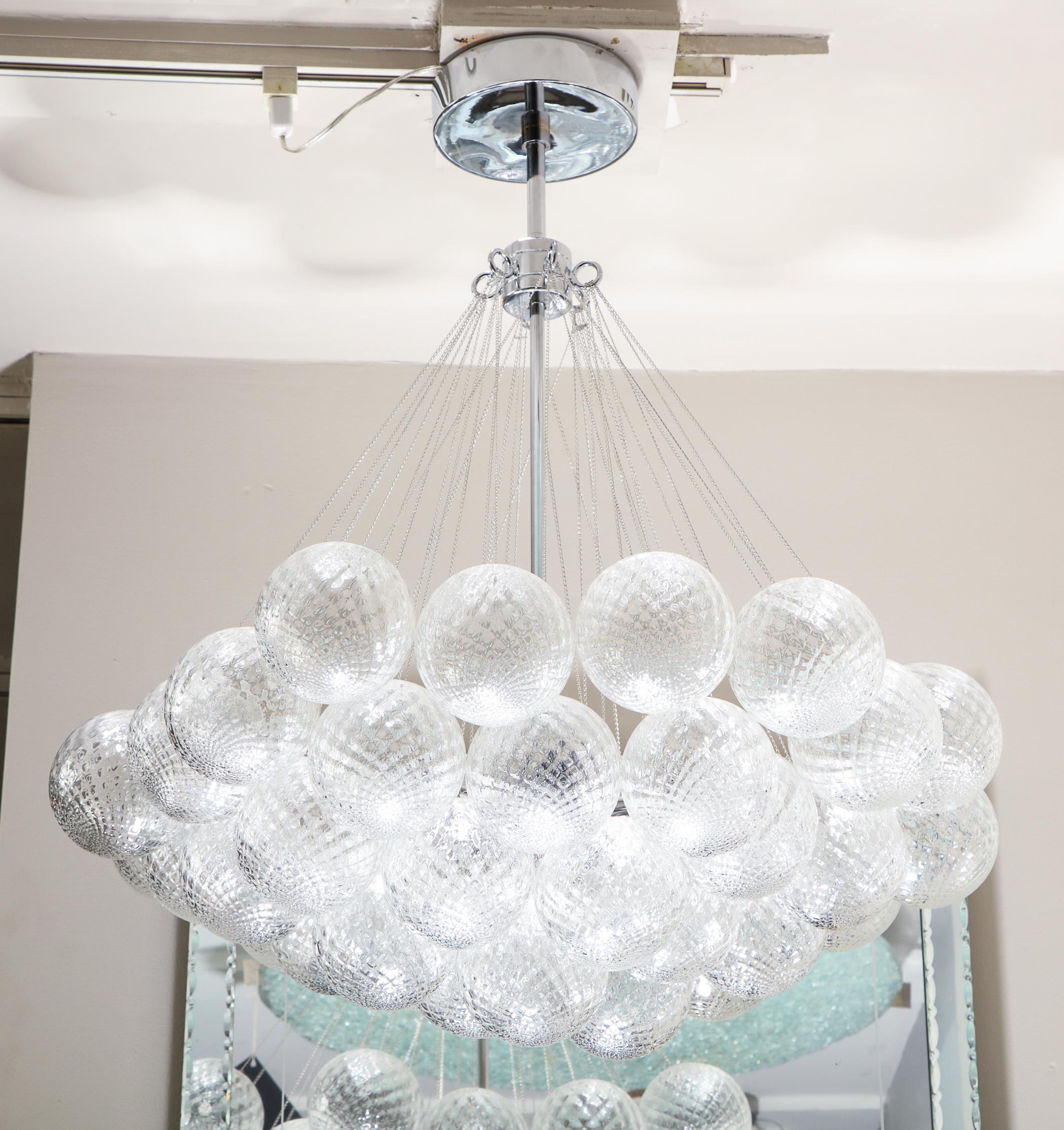 Murano floating clustered globe chandelier in polished nickel. Customization is available in different sizes, and finishes. Please specify overall height needed for the chandelier to accommodate to your ceiling height upon order.