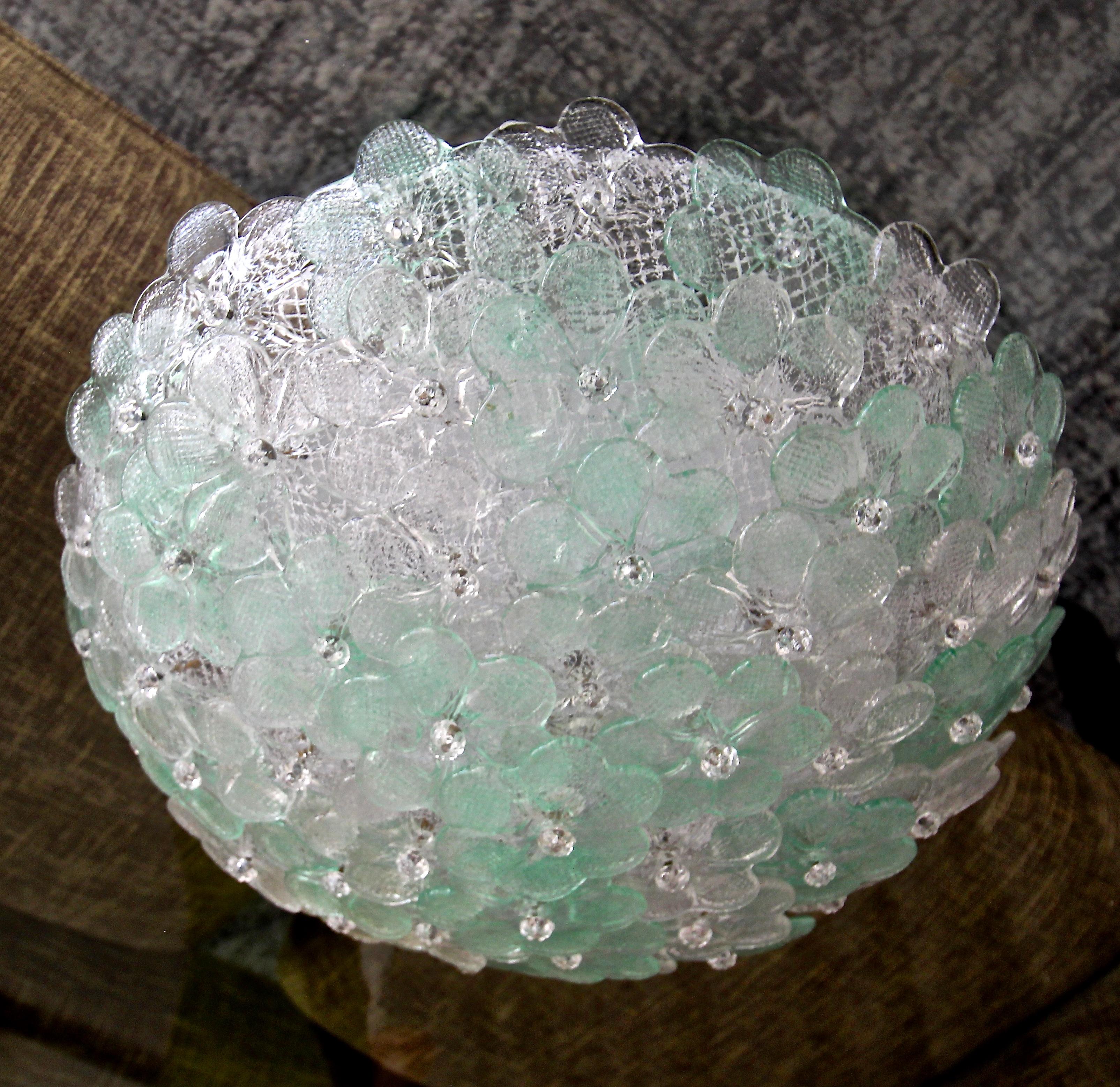 Murano Floral Flower Green Glass Flushmount Ceiling Light In Good Condition In Palm Springs, CA