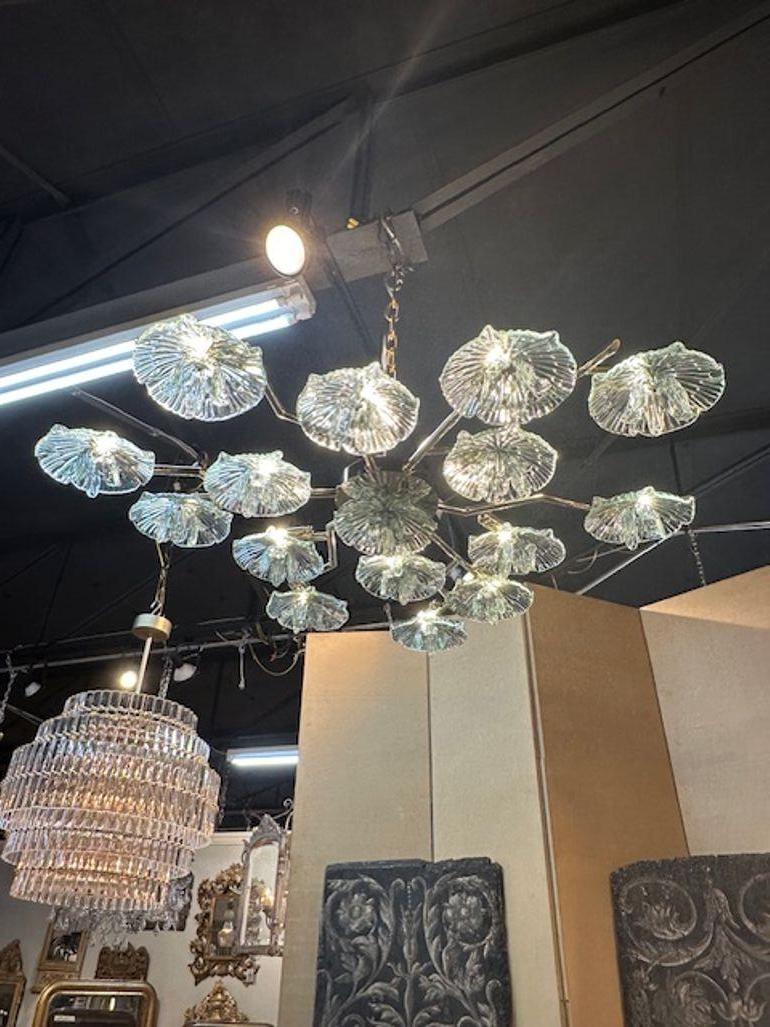 Modern Murano flower disc flush mount chandelier in Fontana green. The chandelier has been professionally rewired, comes with matching chain and canopy. It is ready to hang! Perfect for today's transitional designs!