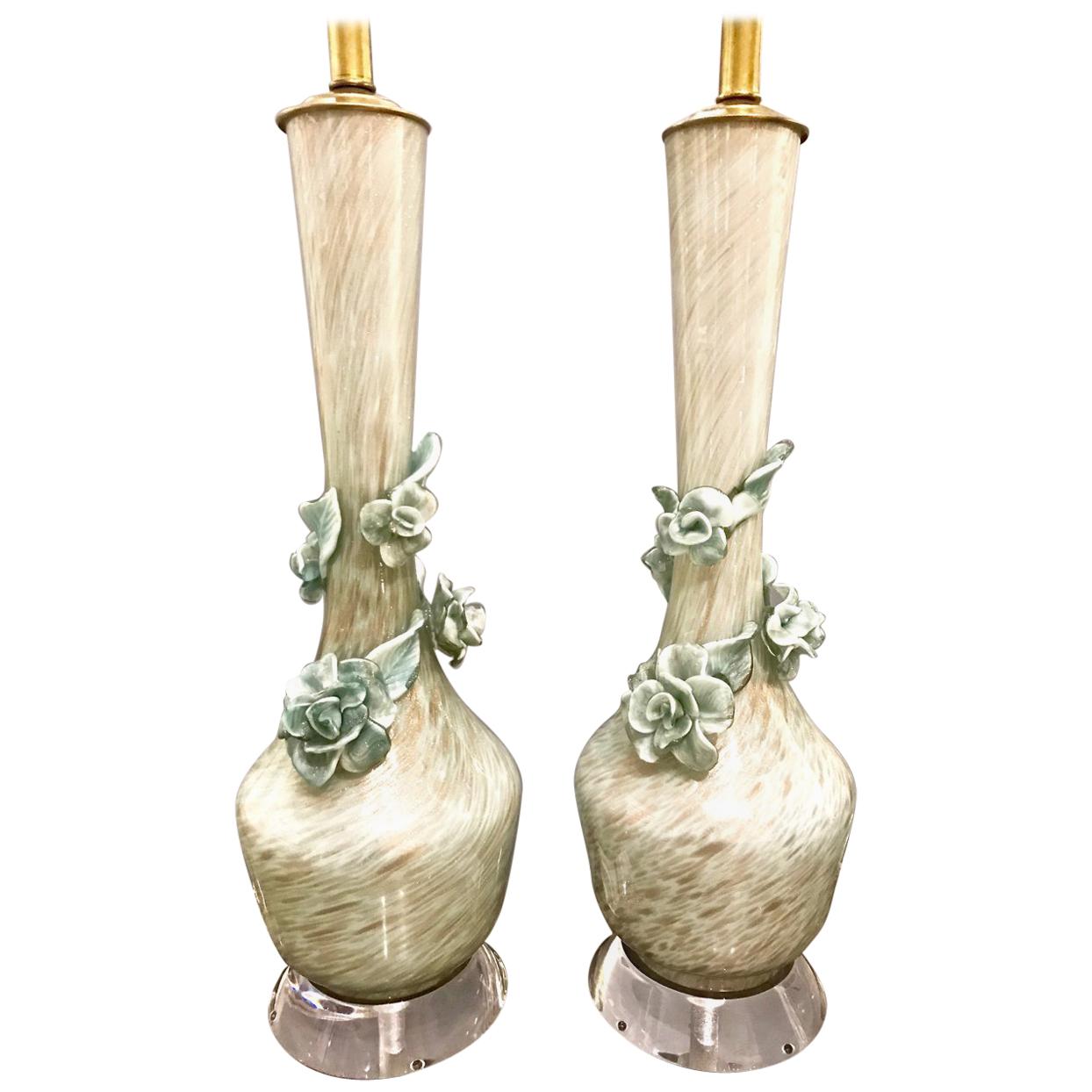 Murano Flower Lamps, Pair