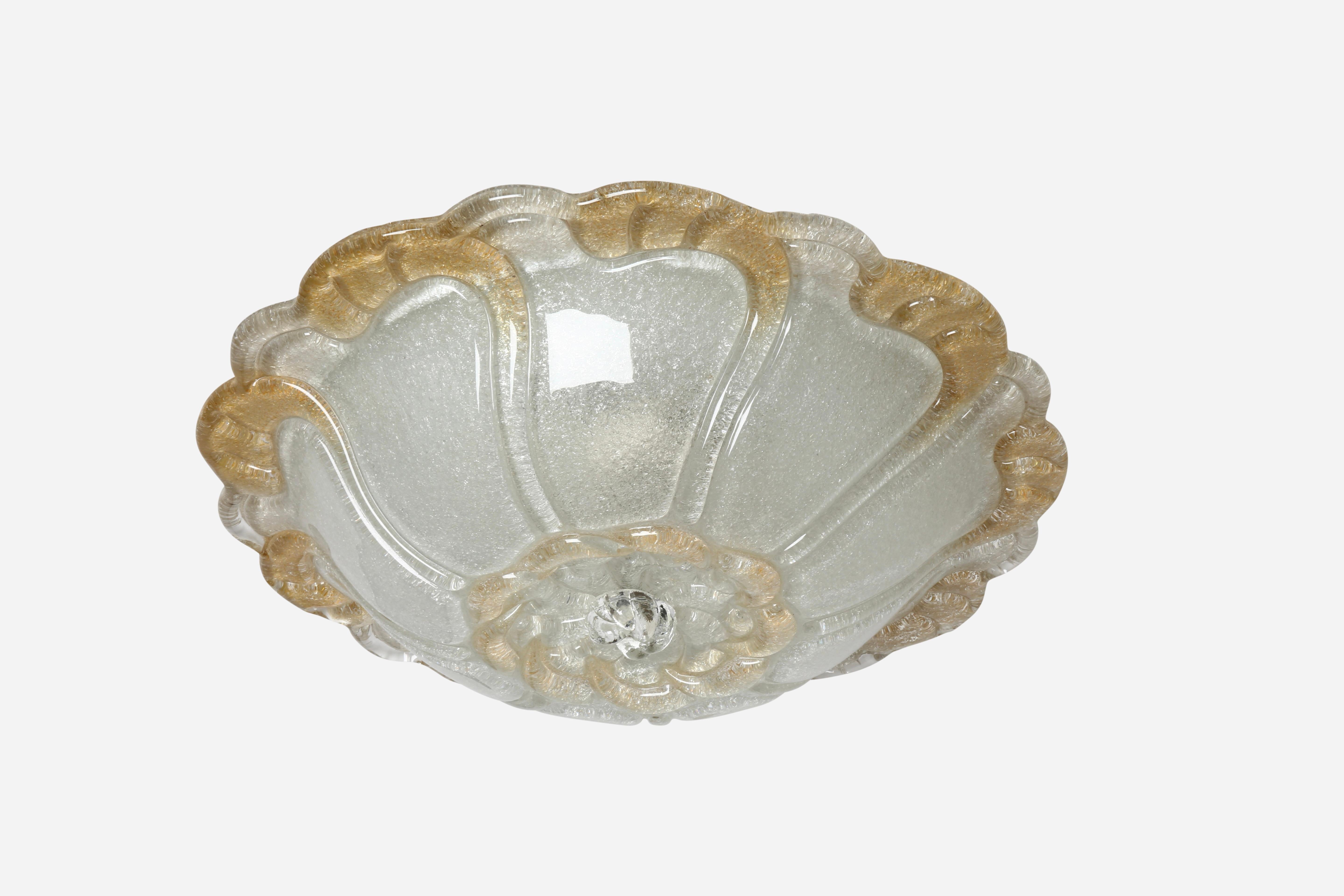 Murano glass flush mount ceiling light.
Designed and made in Italy in 1960s.
Graniglia glass, enameled metal.
Takes four candelabra bulbs. 
Complimentary US rewiring upon request.

We take pride in bringing vintage fixtures to their full glory
