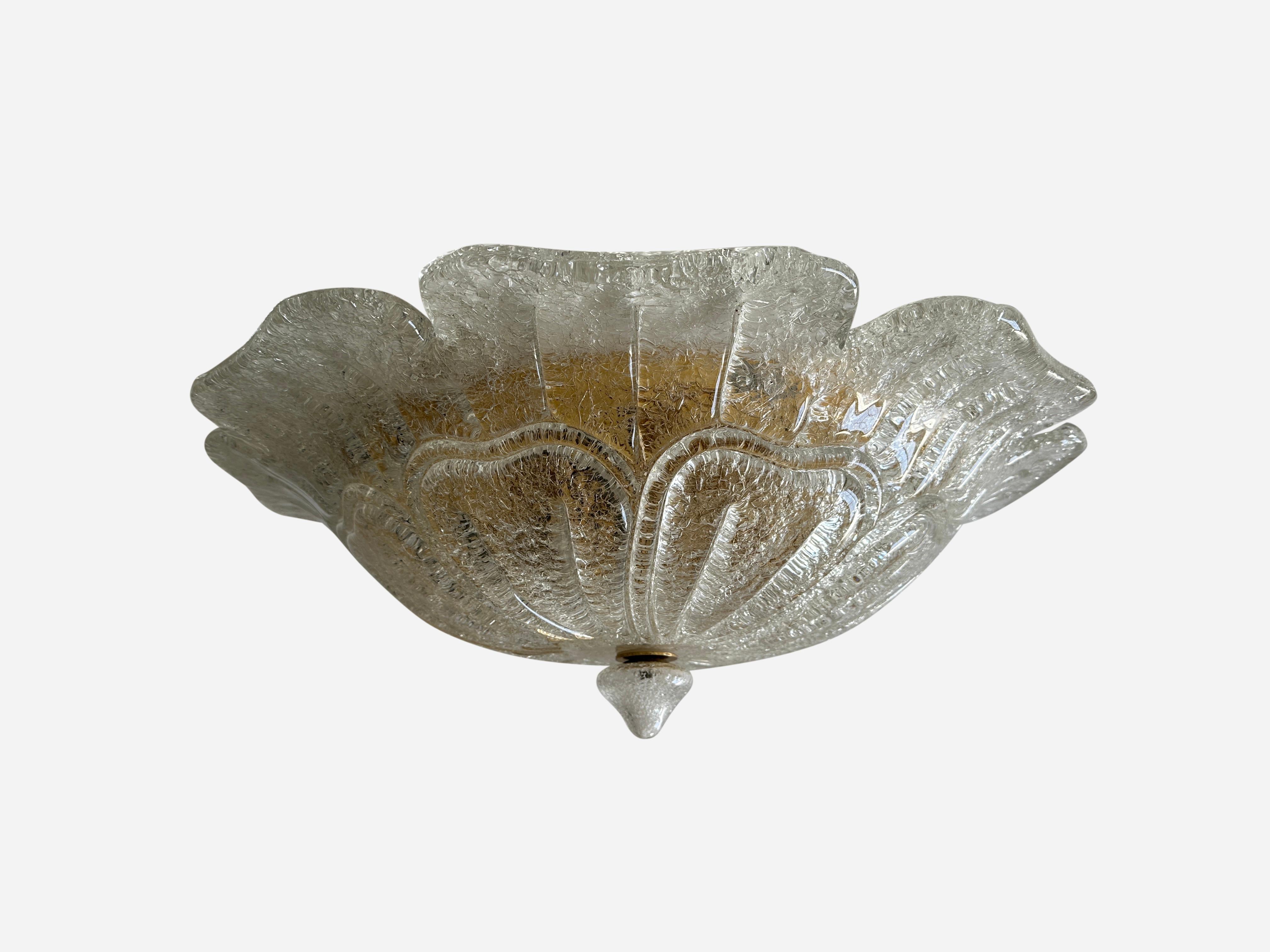 Murano glass flush mount ceiling light.
Designed and made in Italy in 1960s.
Graniglia glass, brass.
Takes four candelabra bulbs. 
Complimentary US rewiring upon request.
FREE US rewiring upon request.
NO TARIFFS, Duties or Customs fees on US