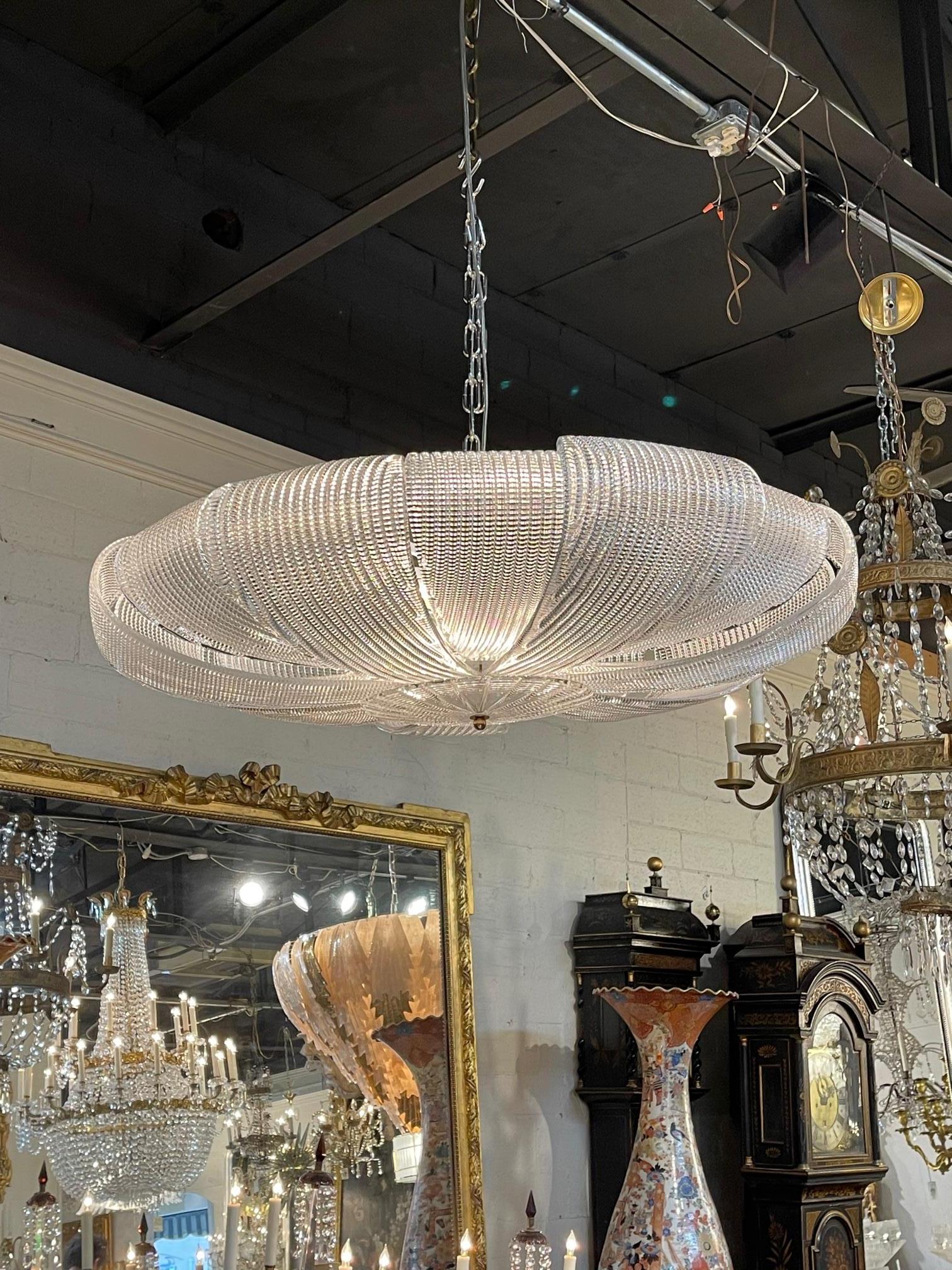 Large scale modern Murano glass flush mount chandelier, circa 2000. The chandelier has been professionally re-wired, cleaned and is ready to hang. Includes matching chain and canopy. This piece has great lines and style. It is sure to make a