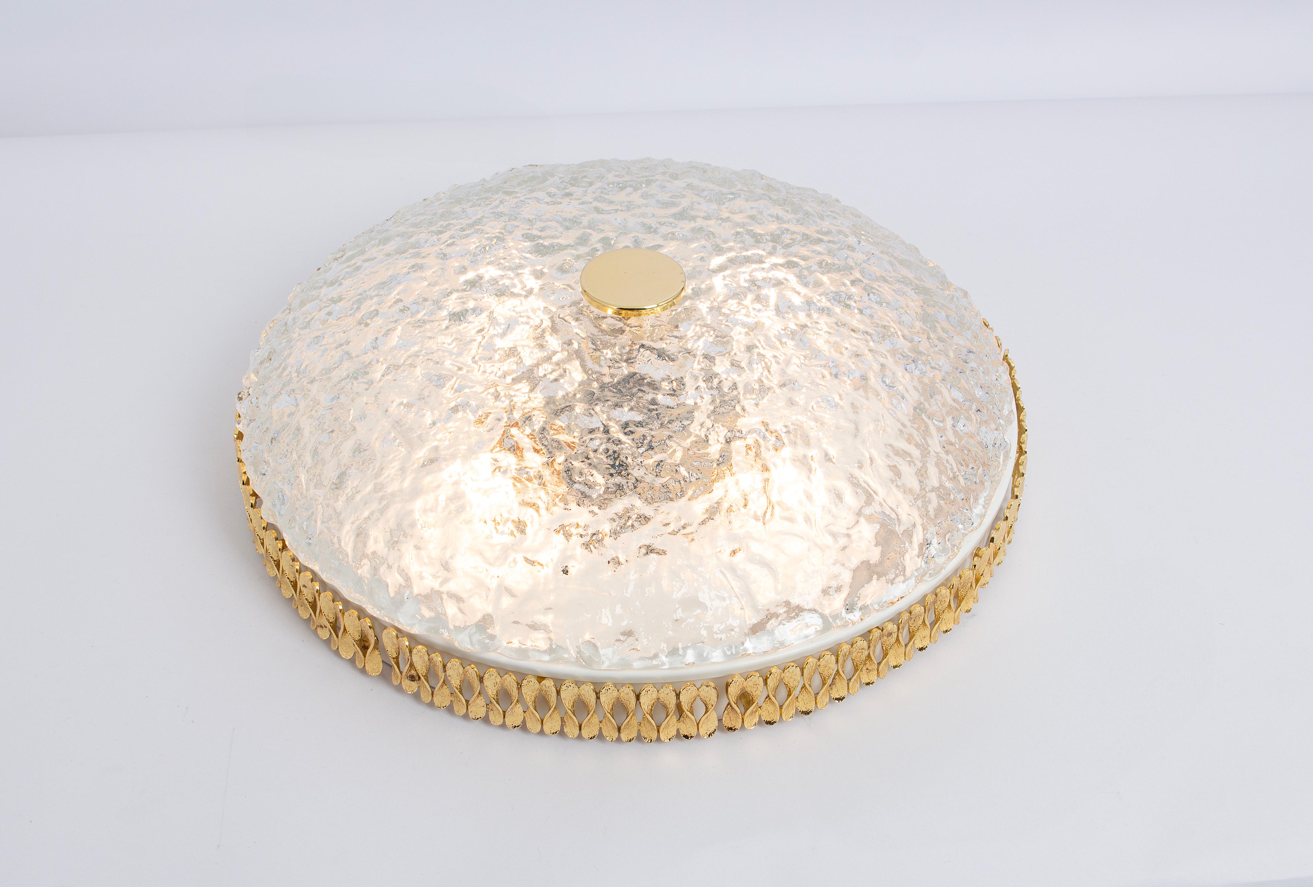 Late 20th Century Murano Flush Mount Fixture with Sculptural Brass Trim, Germany, 1970s For Sale