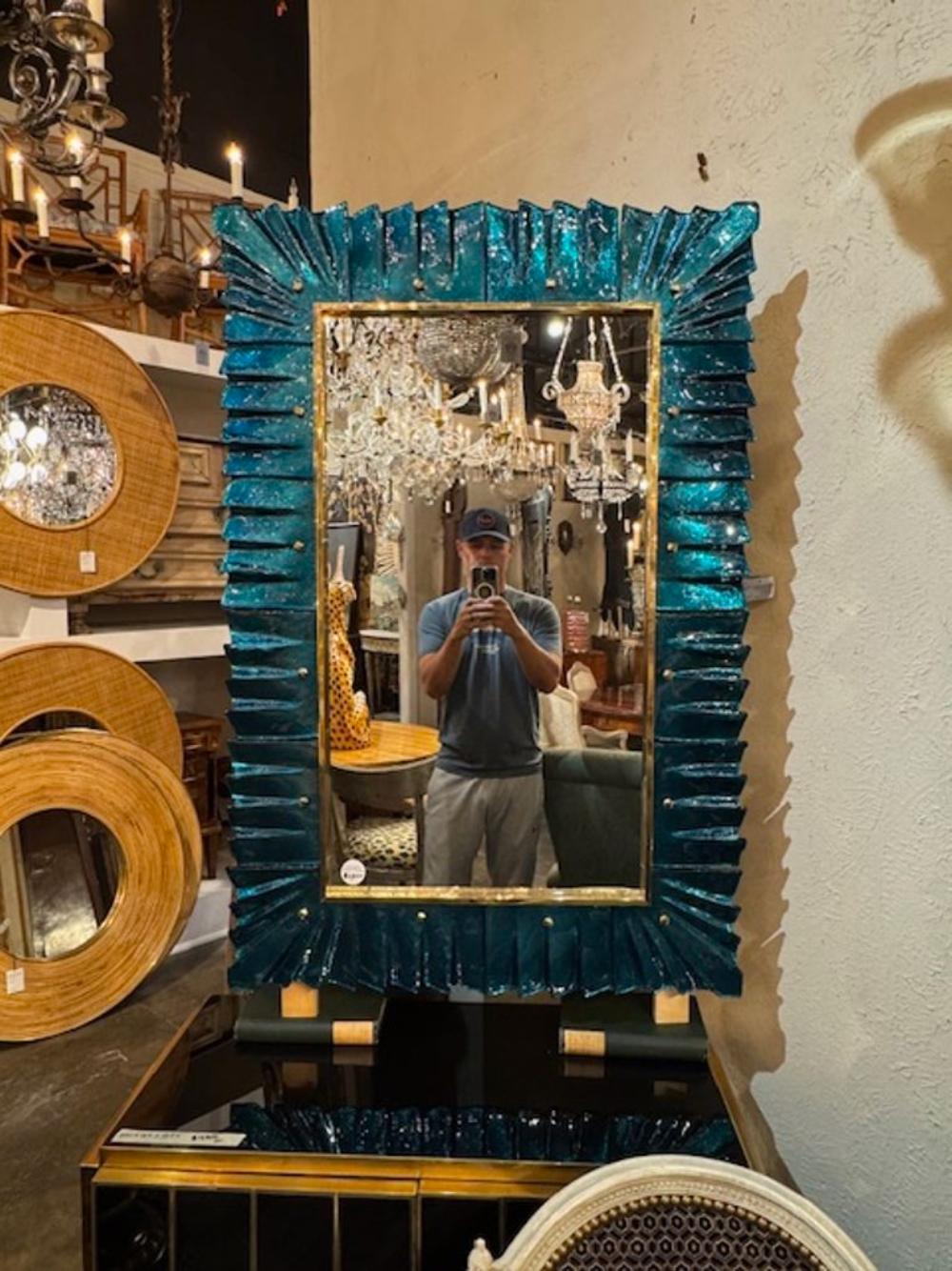 Modern Murano electric teal fold mirror. Circa 2000. Perfect for todays eclectic design! 32W x 47H