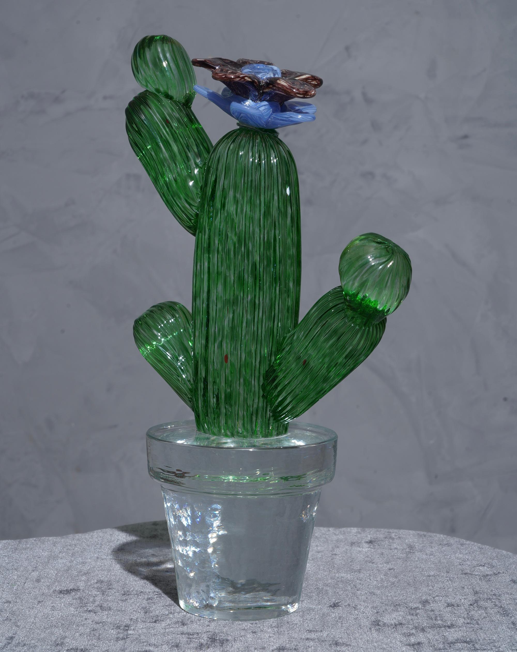 Italian design by Marta Marzotto creator of style, this cactus is a fashion icon of the Italian style, emerald green with a blue and black colored spot, the flower.

In limited edition, as can be seen from the writing under the transparent vase
