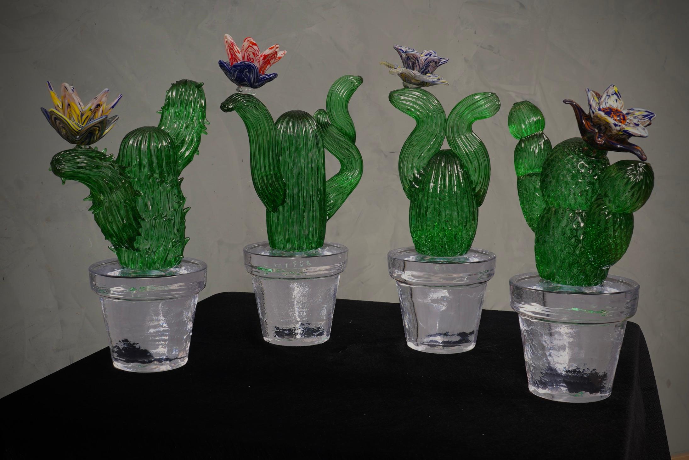 Mid-Century Modern Murano Formia for Marta Marzotto Green Art Glass Cactus Plant, 1990 For Sale