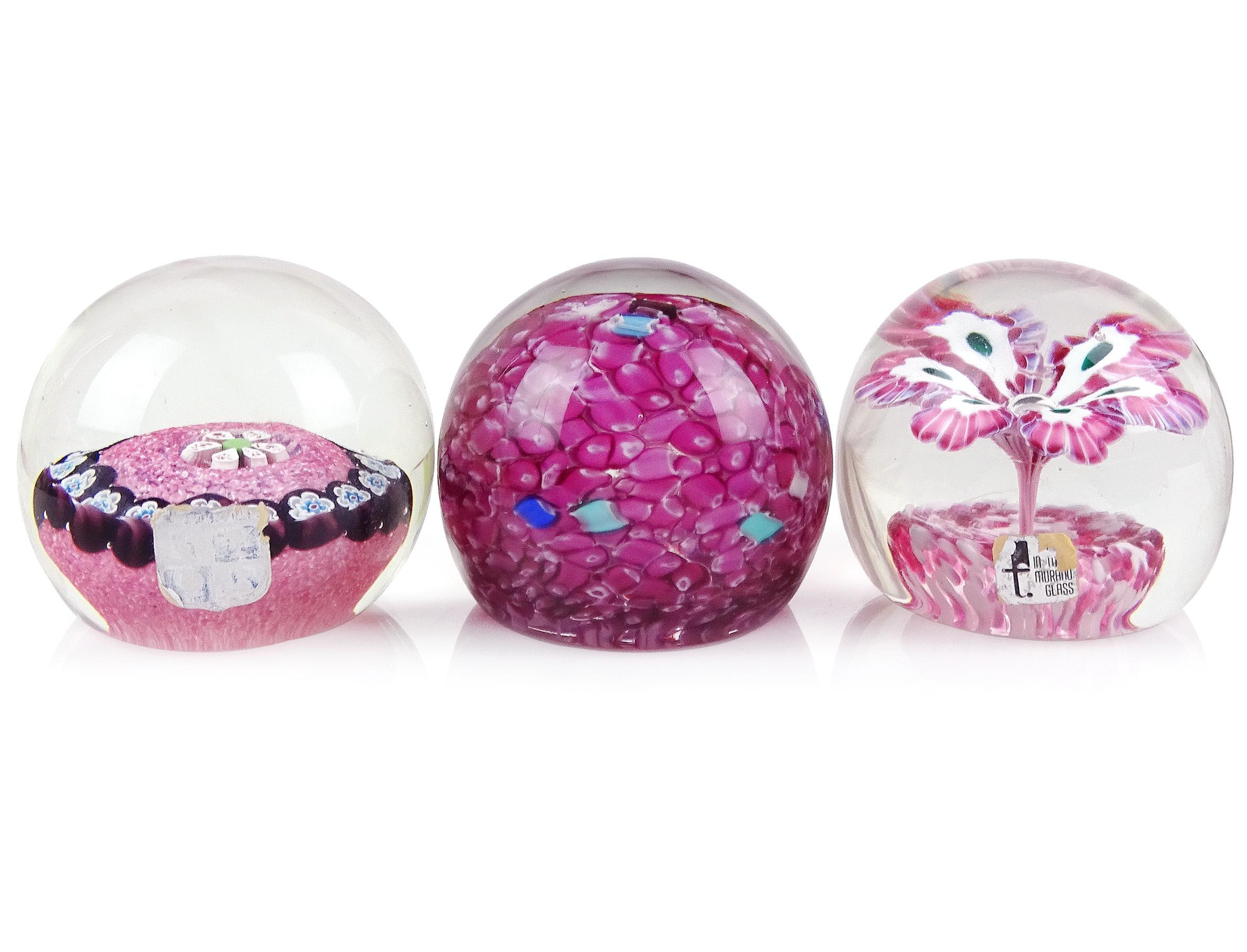 Priced per item (3 different designs available). 
Beautiful vintage Murano hand blown Italian art glass paperweights. They are documented to Fratelli Toso company and one to designer Alfredo Barbini. The 1st (top right) paperweight on the main image