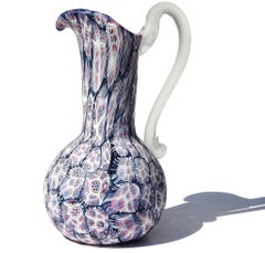 Murano Fratelli Toso Black Millefiori Flower Mosaic Italian Art Glass Pitcher