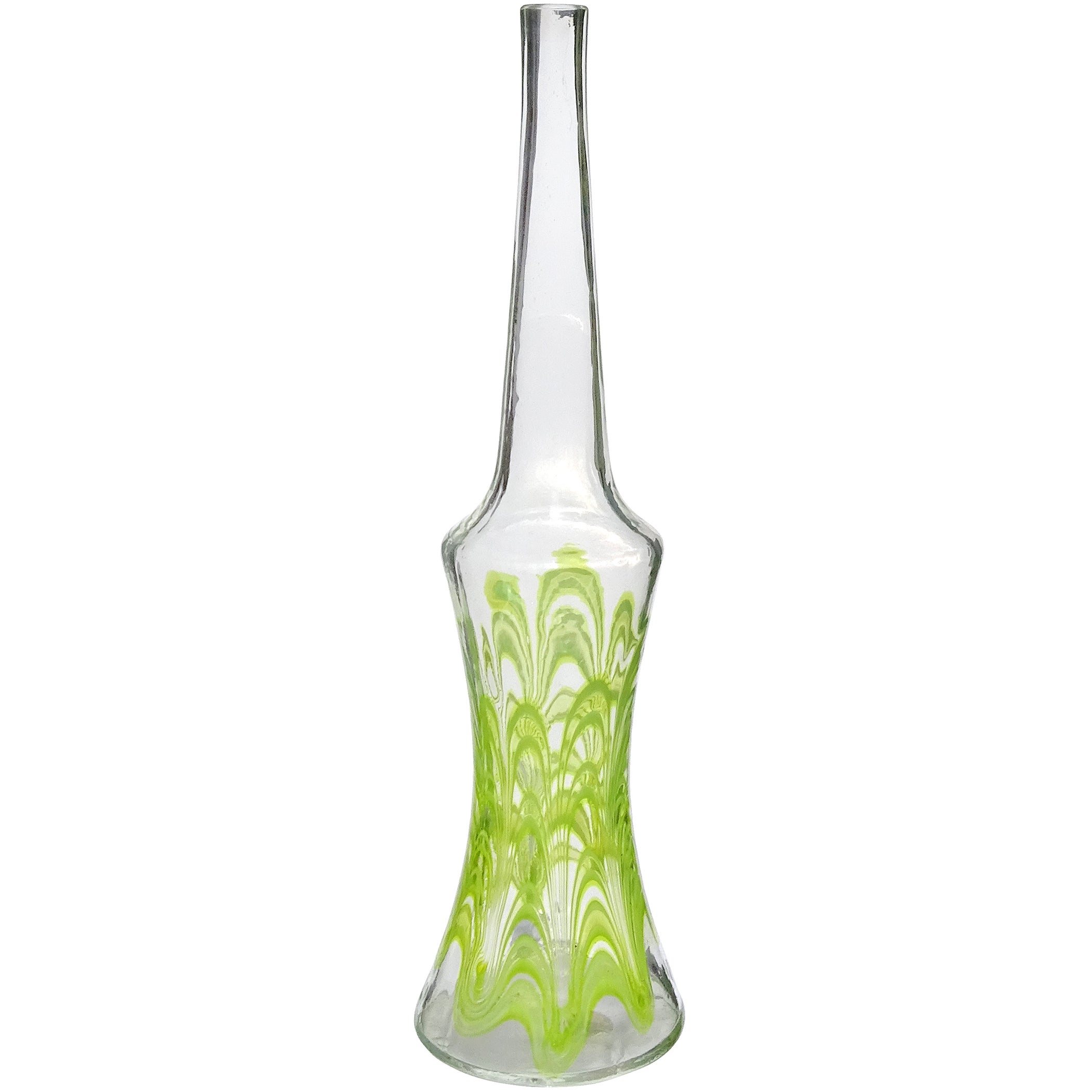 Florero de Murano Fratelli Toso con forma de reloj de arena de vidrio artístico italiano en espiral verde lima en venta