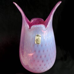 Murano Fratelli Toso Opal Pink Bubbles Vintage Italian Art Glass Flower Vase