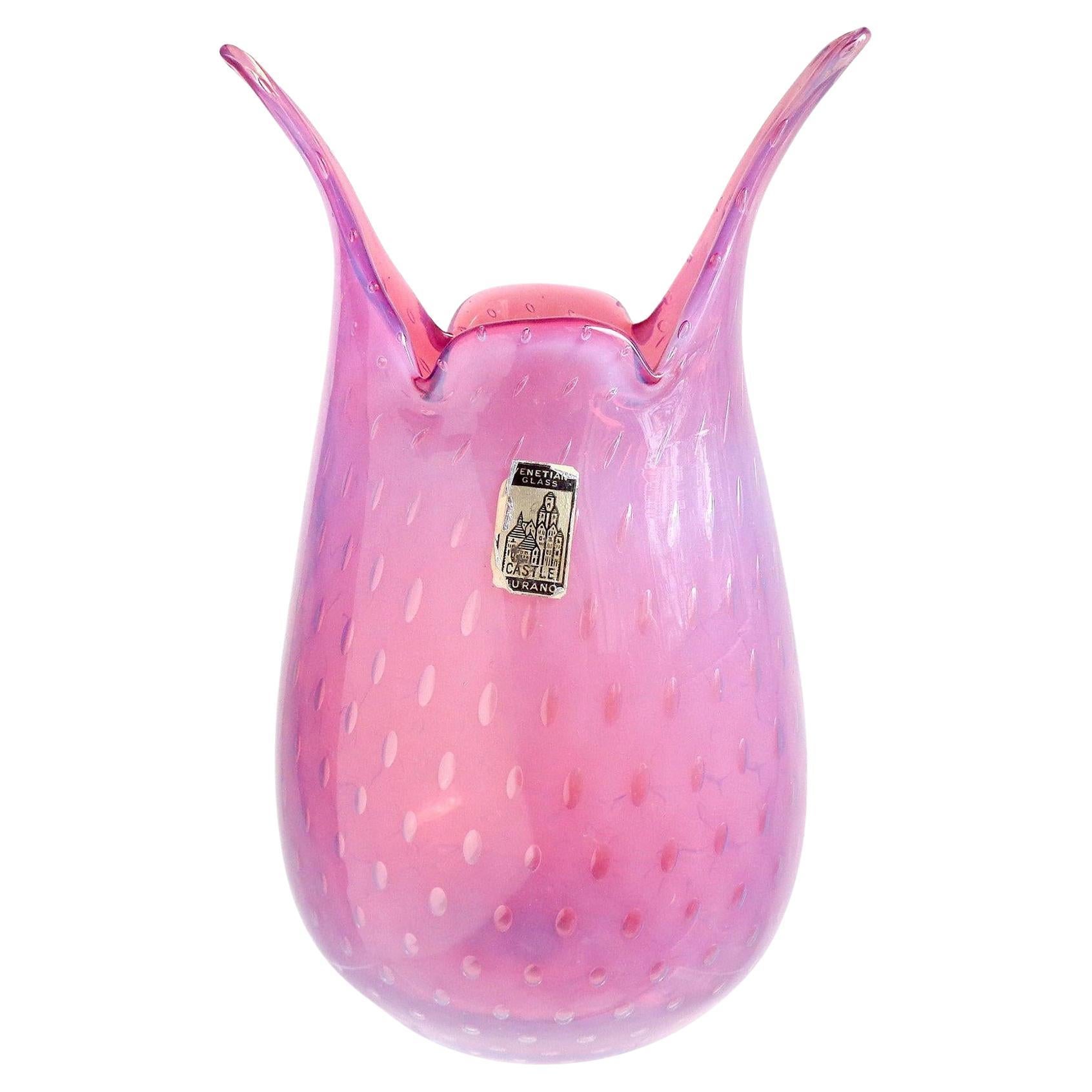 Vaso da fiori in vetro artistico vintage di Murano Fratelli Toso Opal Pink Bubbles