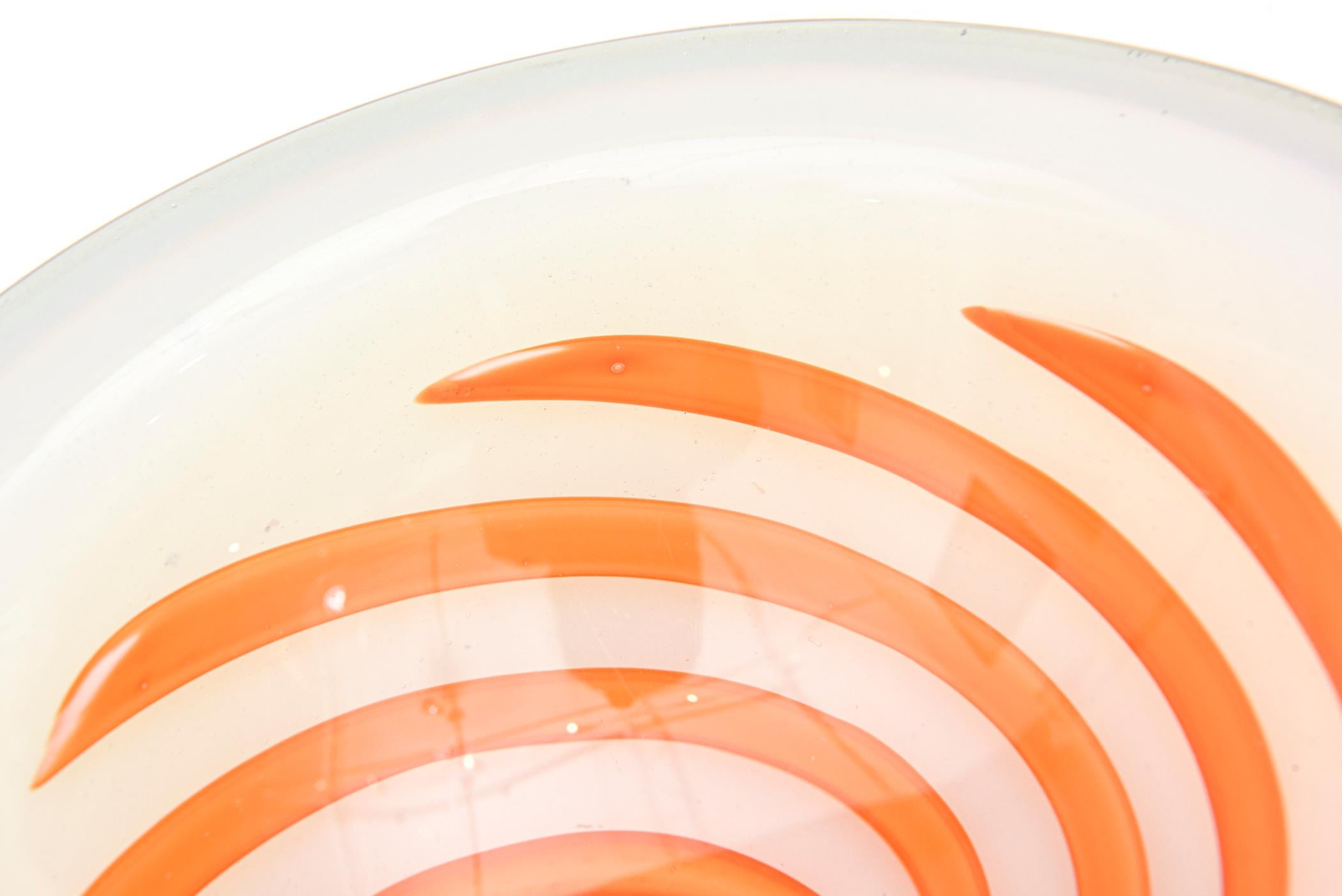 Italian Vintage Murano Fratelli Toso Opalescent Glass Bowl with Orange Optic Swirls For Sale