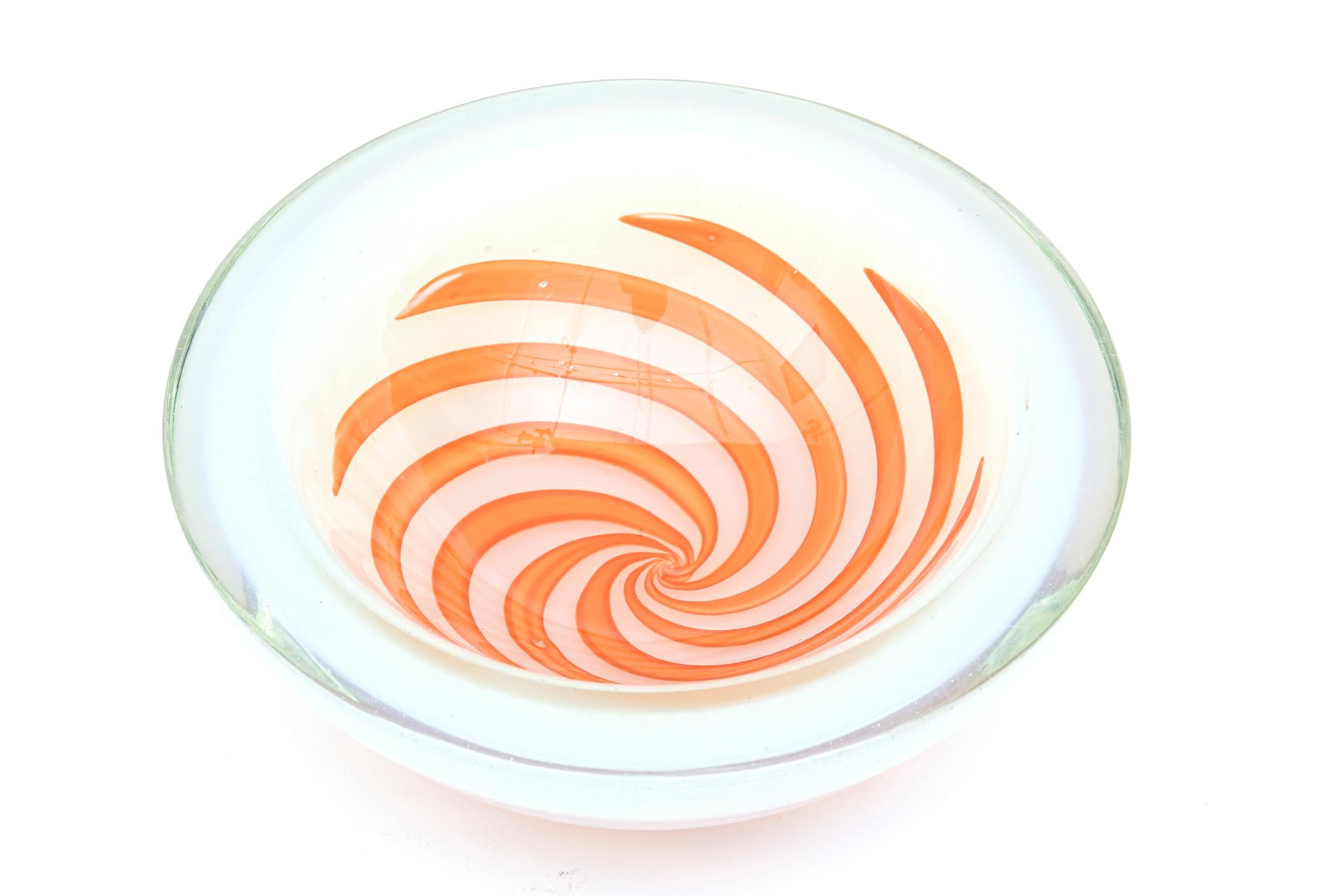 Blown Glass Vintage Murano Fratelli Toso Opalescent Glass Bowl with Orange Optic Swirls For Sale