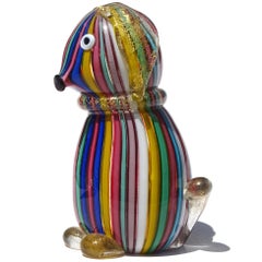 Murano Fratelli Toso Rainbow Gold Flecks Ribbons Italian Art Glass Dog Figurine