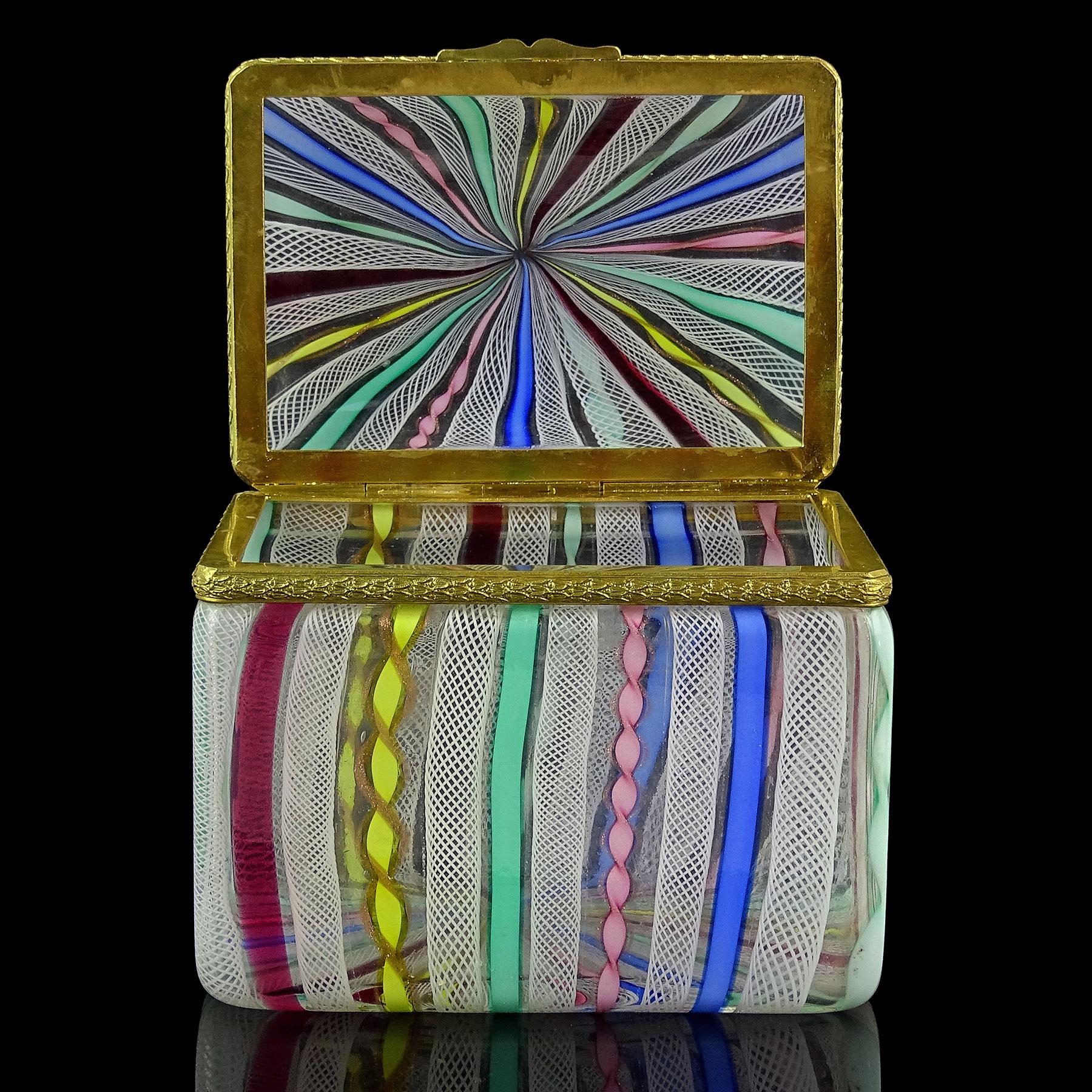 Mid-Century Modern Murano Fratelli Toso Rainbow Ribbons Italian Art Glass Vanity Casket Jewelry Box For Sale