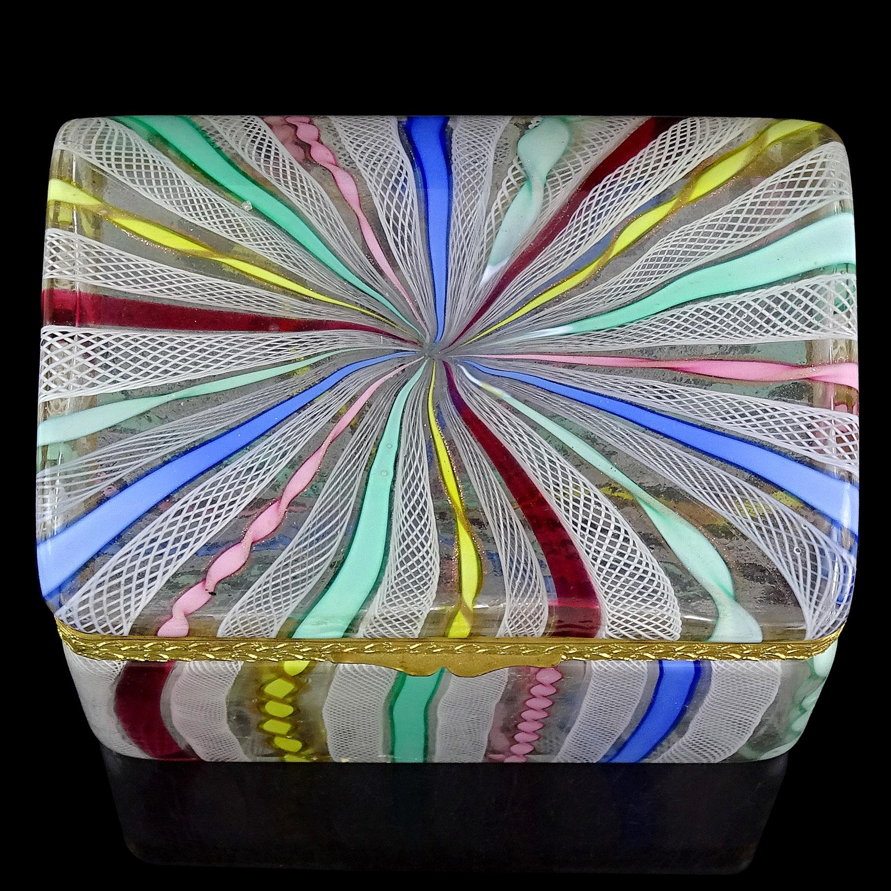 Hand-Crafted Murano Fratelli Toso Rainbow Ribbons Italian Art Glass Vanity Casket Jewelry Box For Sale
