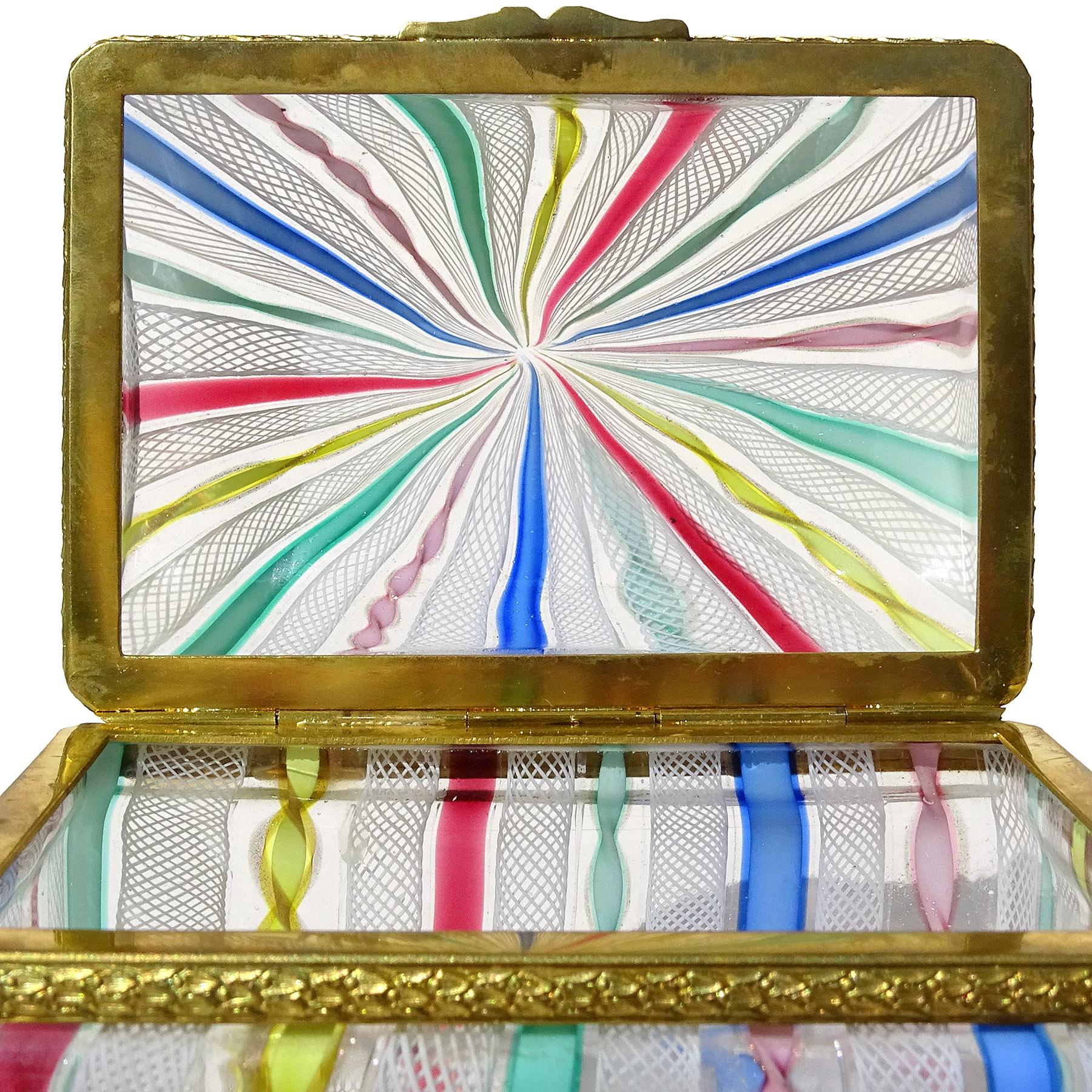 20th Century Murano Fratelli Toso Rainbow Ribbons Italian Art Glass Vanity Casket Jewelry Box For Sale