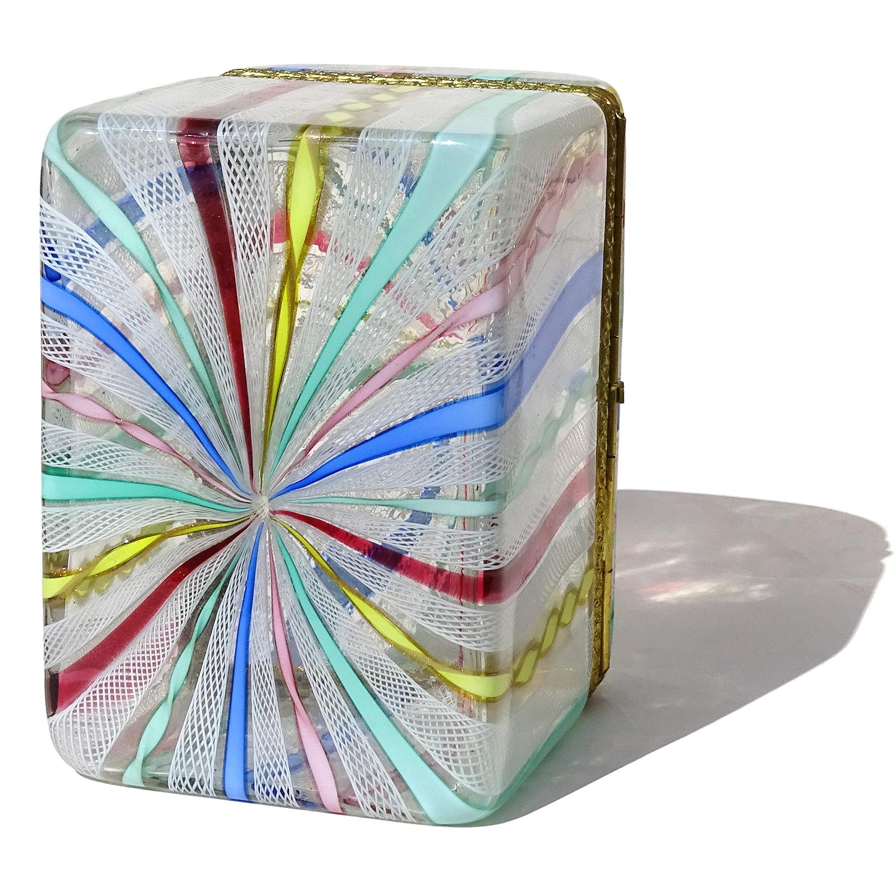 Murano Fratelli Toso Rainbow Ribbons Italian Art Glass Vanity Casket Jewelry Box For Sale 1