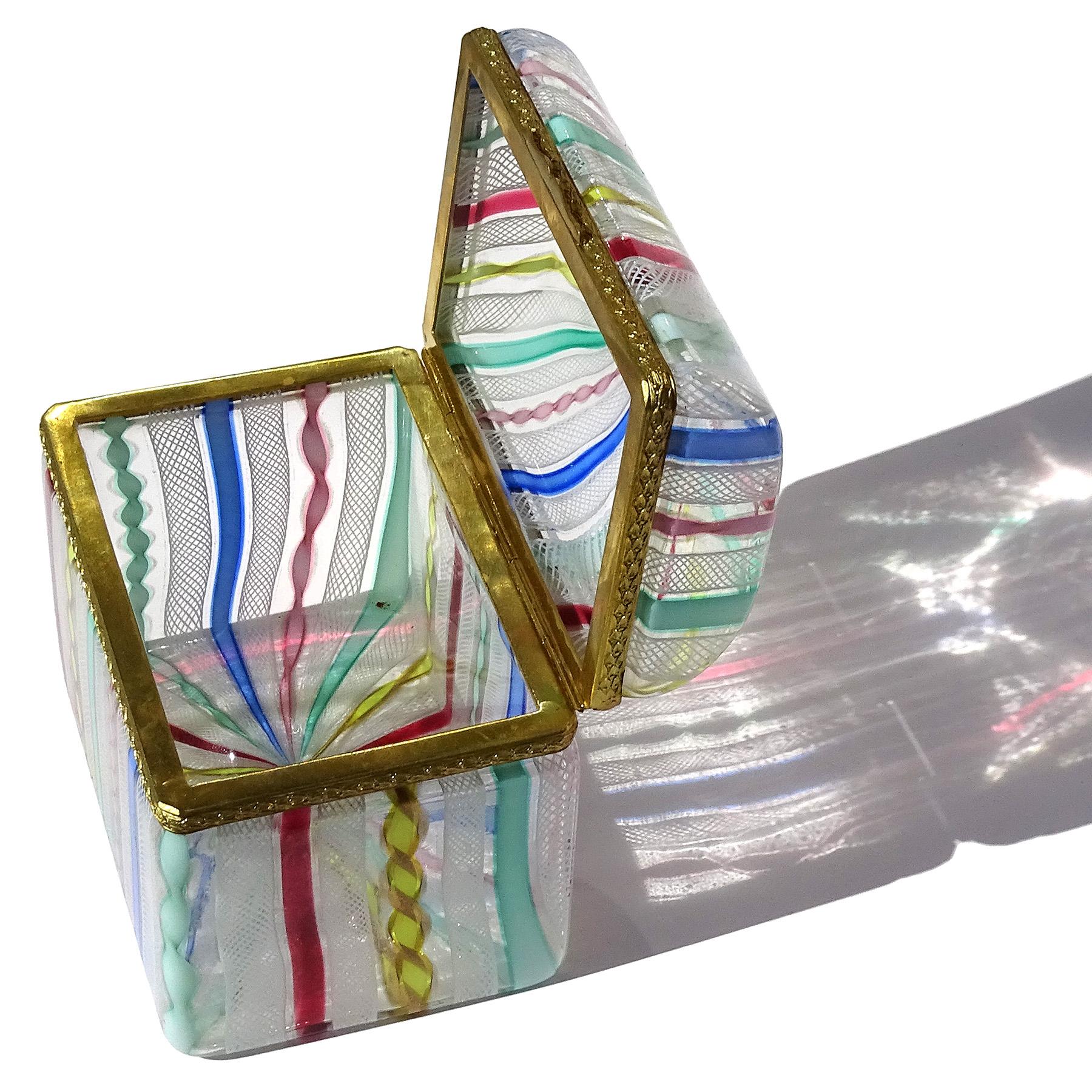 Murano Fratelli Toso Rainbow Ribbons Italian Art Glass Vanity Casket Jewelry Box For Sale 3