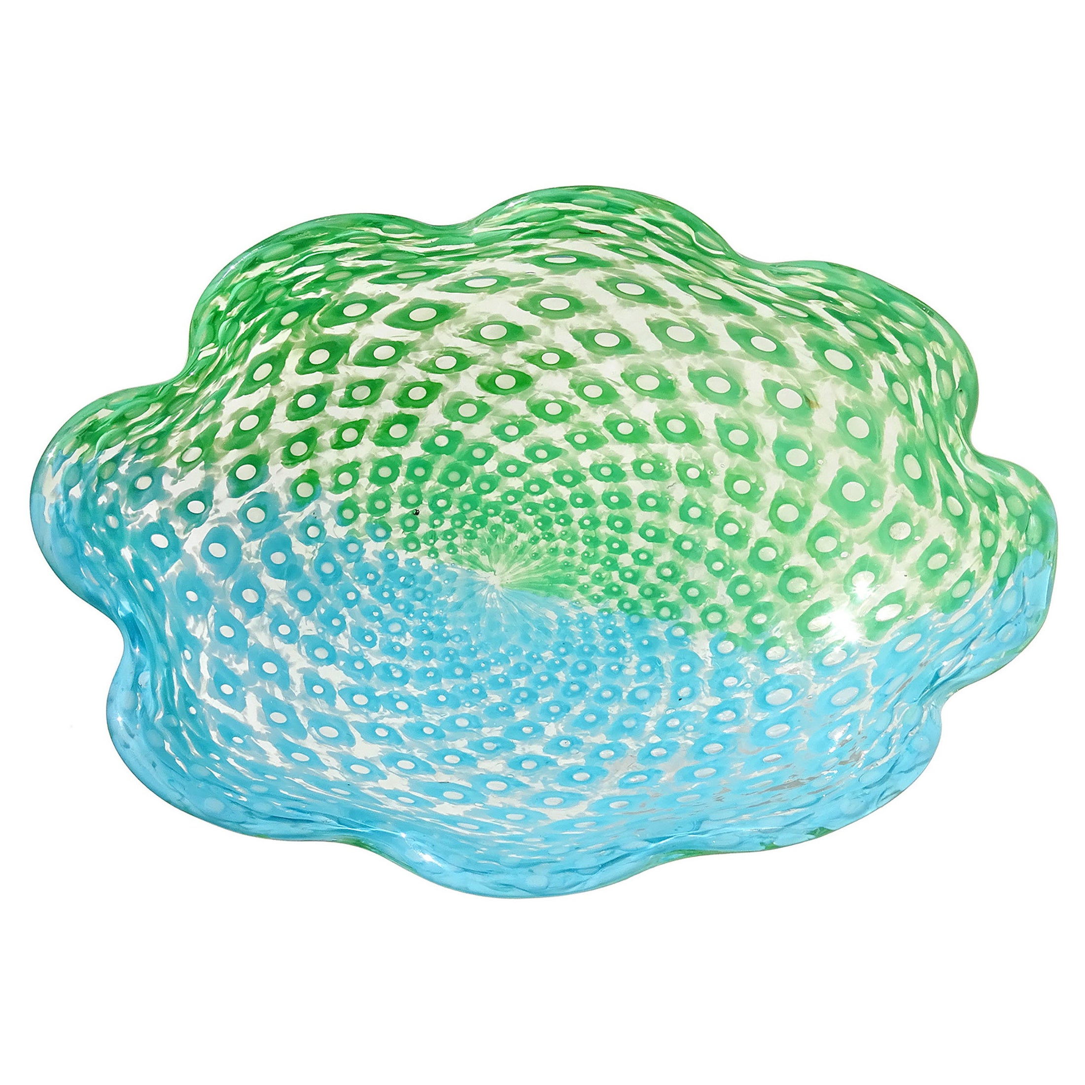 Murano Fratelli Toso Himmelblau Grün Blasen Italienische Kunst Glas Centerpiece Schale