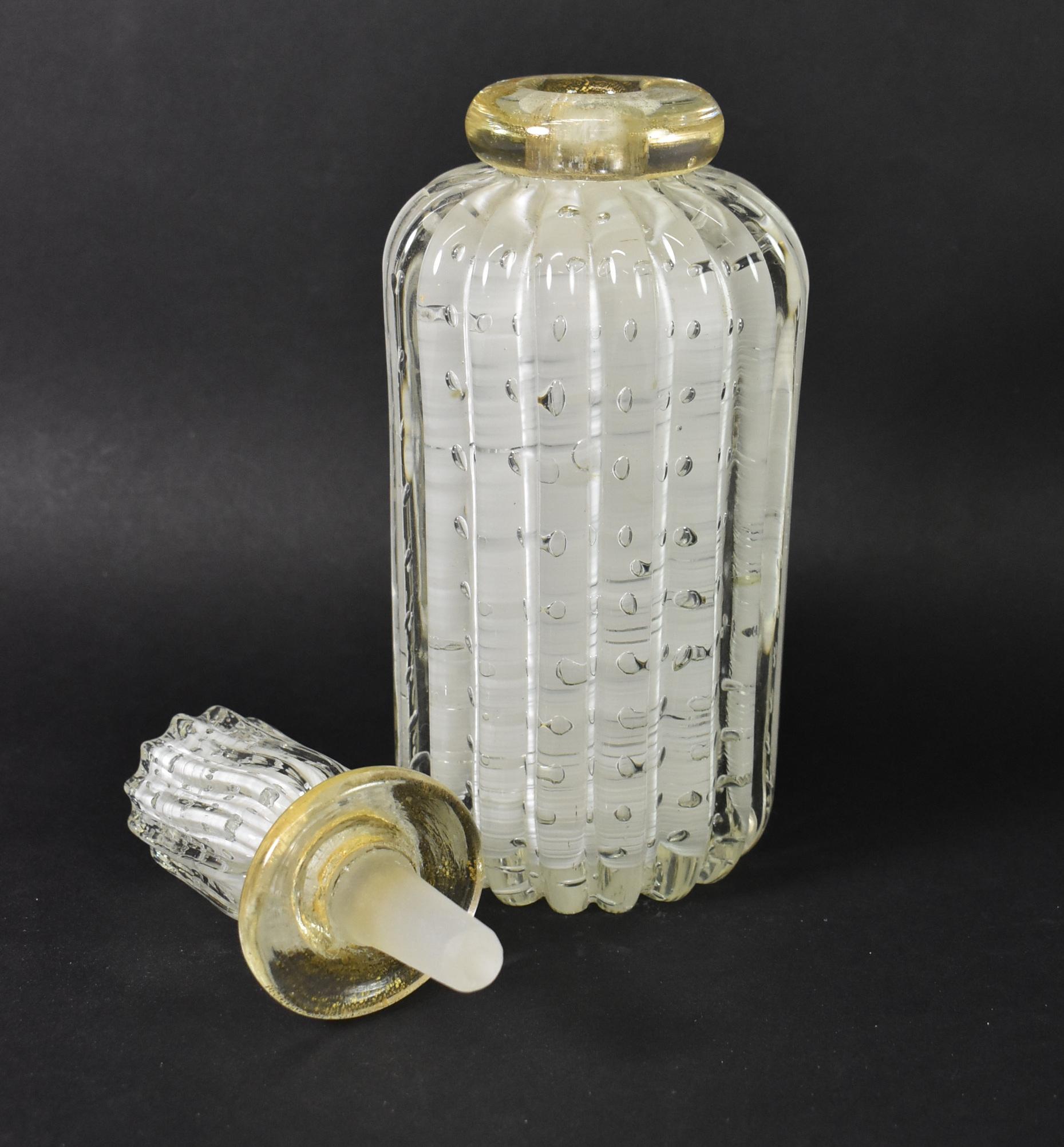 20th Century Murano Frosted and Clear Bubble Glass Decanter with Gold Flecks