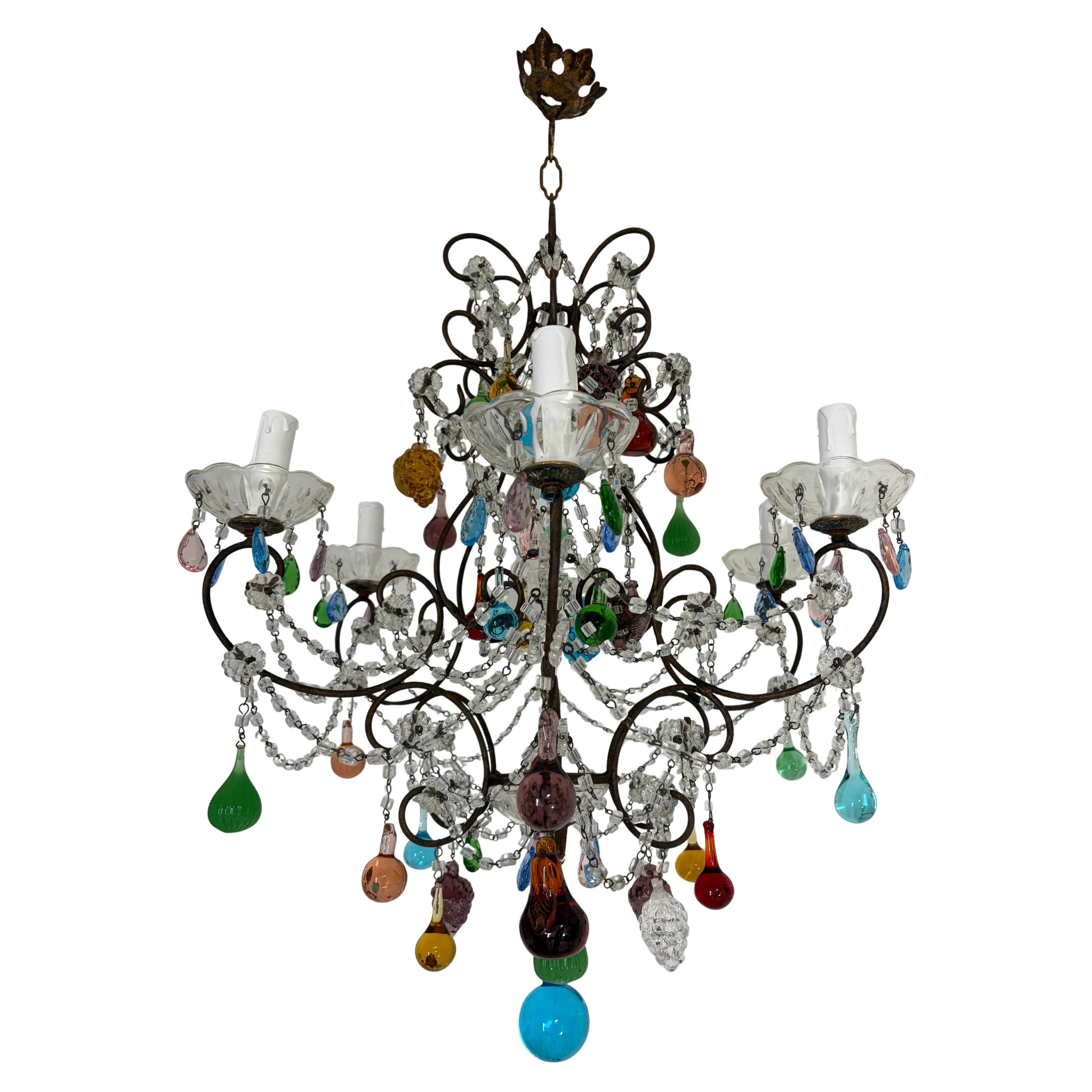 Murano Fruit Multi Color Drops Macaroni Swags Crystal Prisms Chandelier Italian For Sale