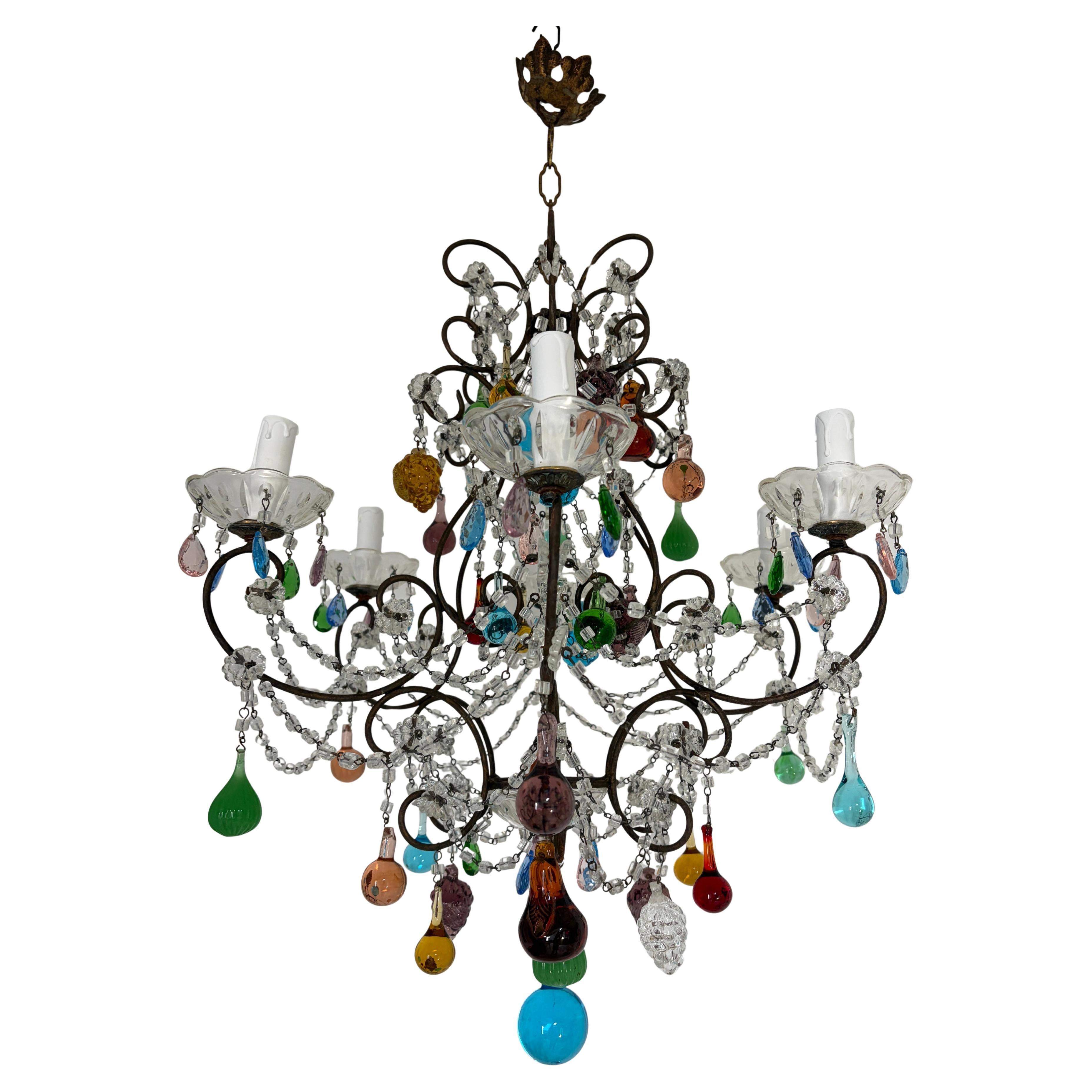 Murano Fruit Multi Color Drops Macaroni Swags Crystal Prisms Chandelier Italian For Sale