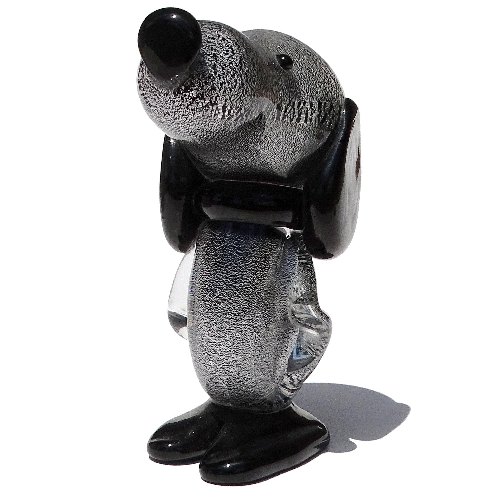 Mid-Century moderno Murano Gambaro & Poggi Scultura di cane Snoopy in vetro artistico italiano, nero e argento a scaglie in vendita