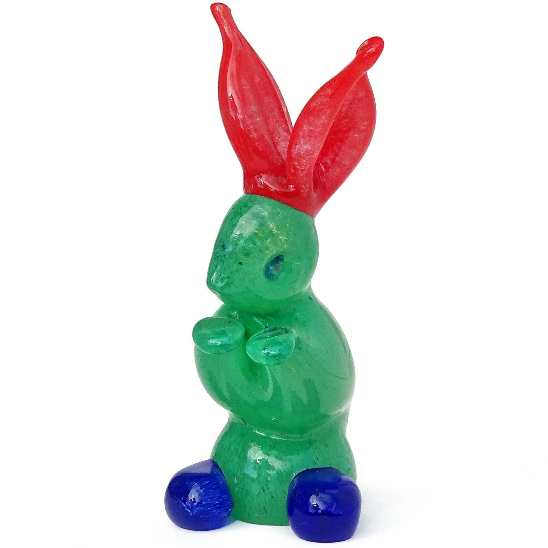 Mid-Century Modern Murano Gambaro Poggi Green Red Blue Italian Art Glass Rabbit Figurine Sculpture For Sale