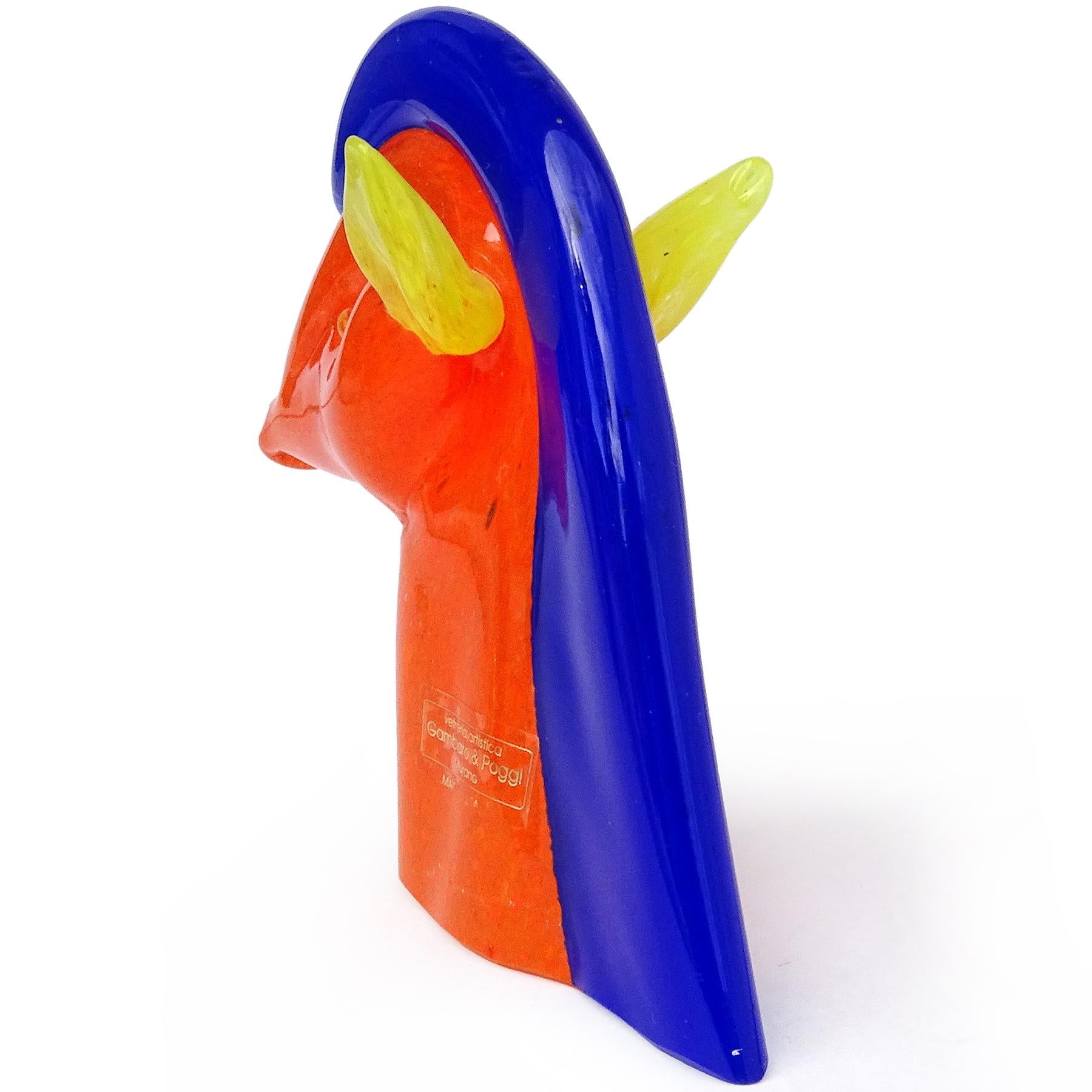 Fait main Sculpture de cheval en verre d'art italien de Murano Gambaro Poggi orange, bleu et jaune en vente